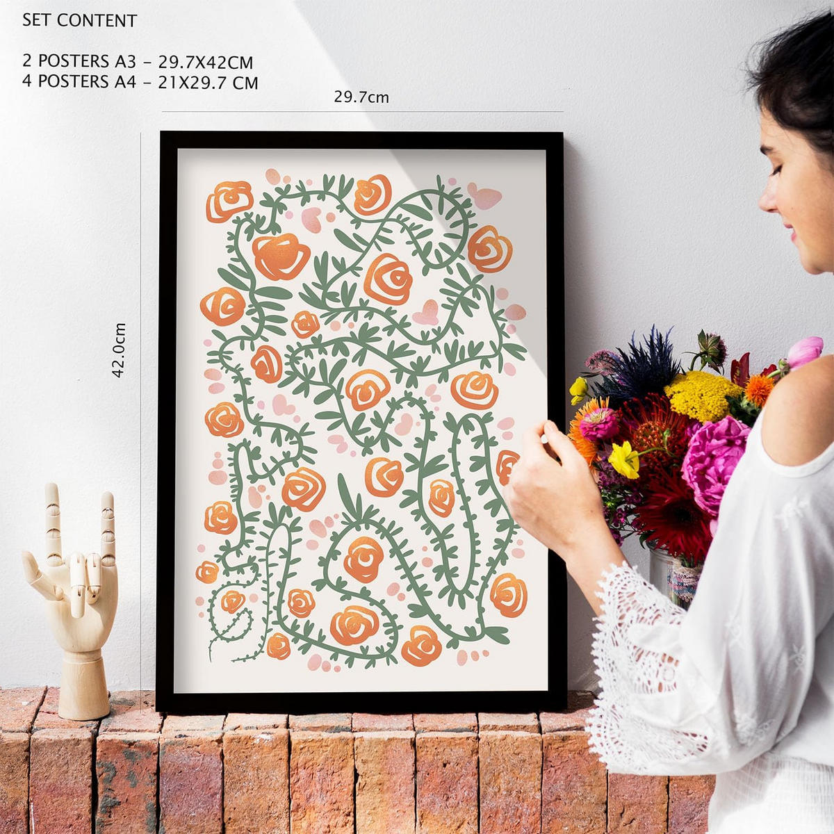 POSTER Set Mit 6 Fustige Blume Zusammenfassung A3 & A4 Rahmen Aus Hellem Holz - Beige, Papier (29/3cm) - Nacnic