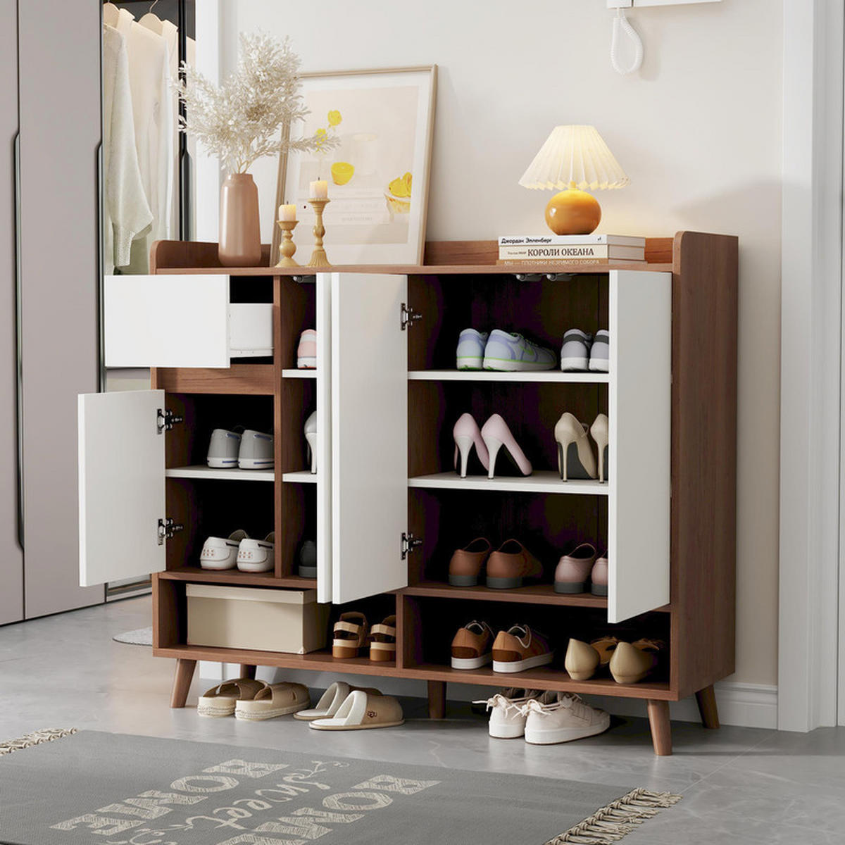 SCHUHSCHRANK WEISS mit 4 Türen und 1 Schublade verstellbares Regal 120x35x99 cm - Weiß, Holzwerkstoff (35/99/120cm) - Fuleadture