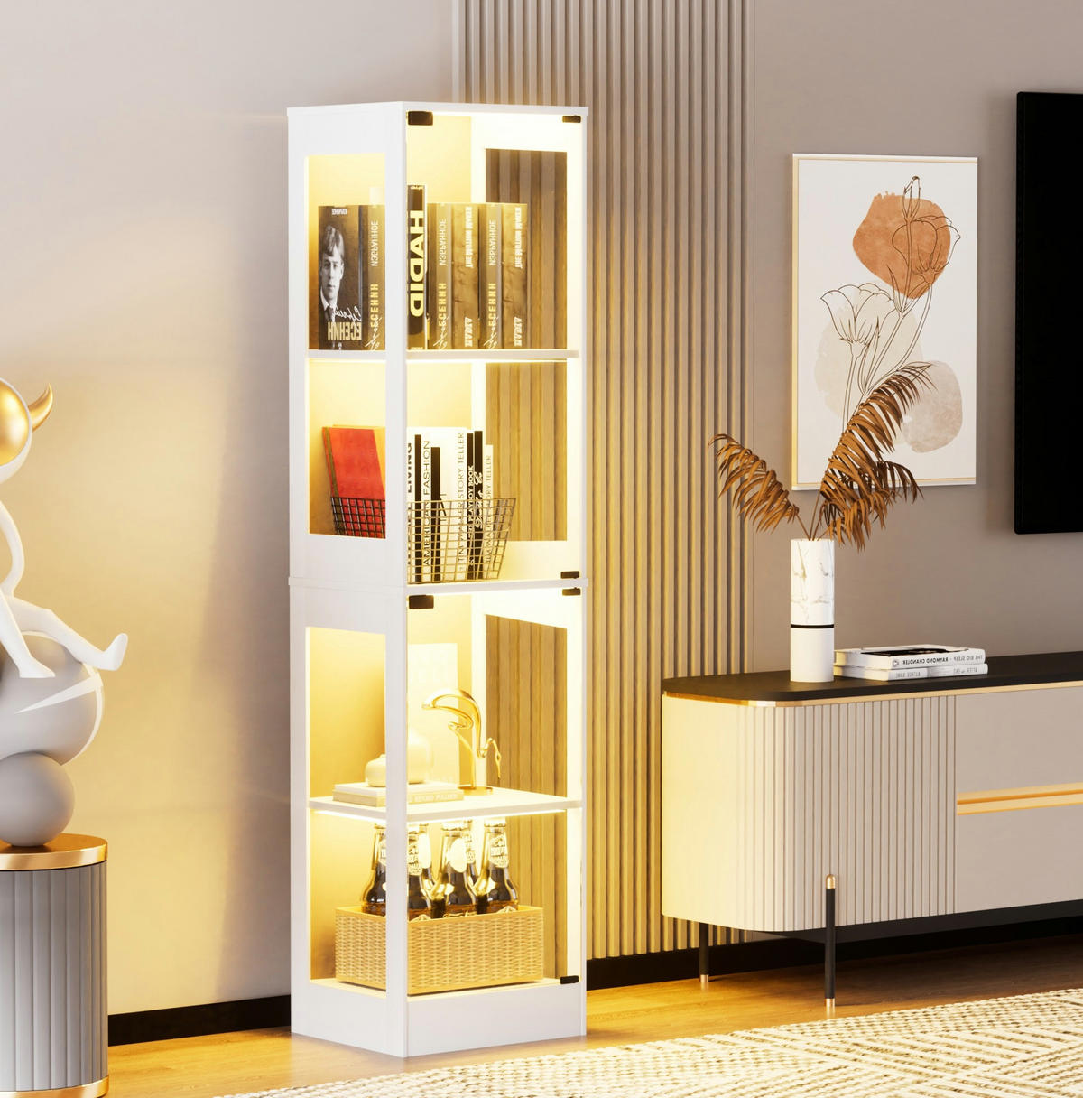 GLASVITRINE aus MDF und Glas 40x35x165 cm Weiß mit LED-Beleuchtung und Bewegungssensor - Weiß, Holzwerkstoff (40/165/35cm) - IVMEU