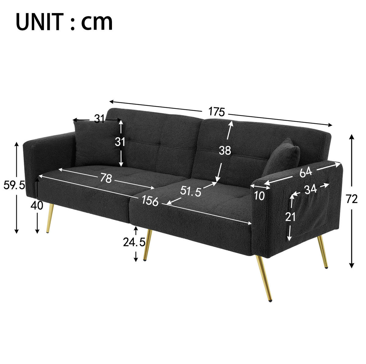 SCHLAFSOFA Lammwollstoff mit verstellbarer Rückenlehne und Seitentaschen Antikgrau 175/64/72 cm - Grau, Textil (64/72/175cm) - Redom