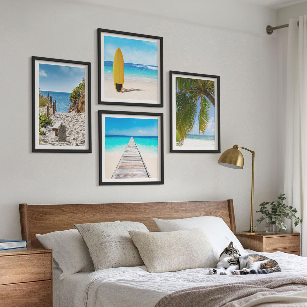 BILDER SET 4er Set - 50x50 cm & 40x60 cm Schwarzer Rahmen - Urlaubsblick Strand Palmen - Schwarz, Kunststoff (50/50cm) - TULUP