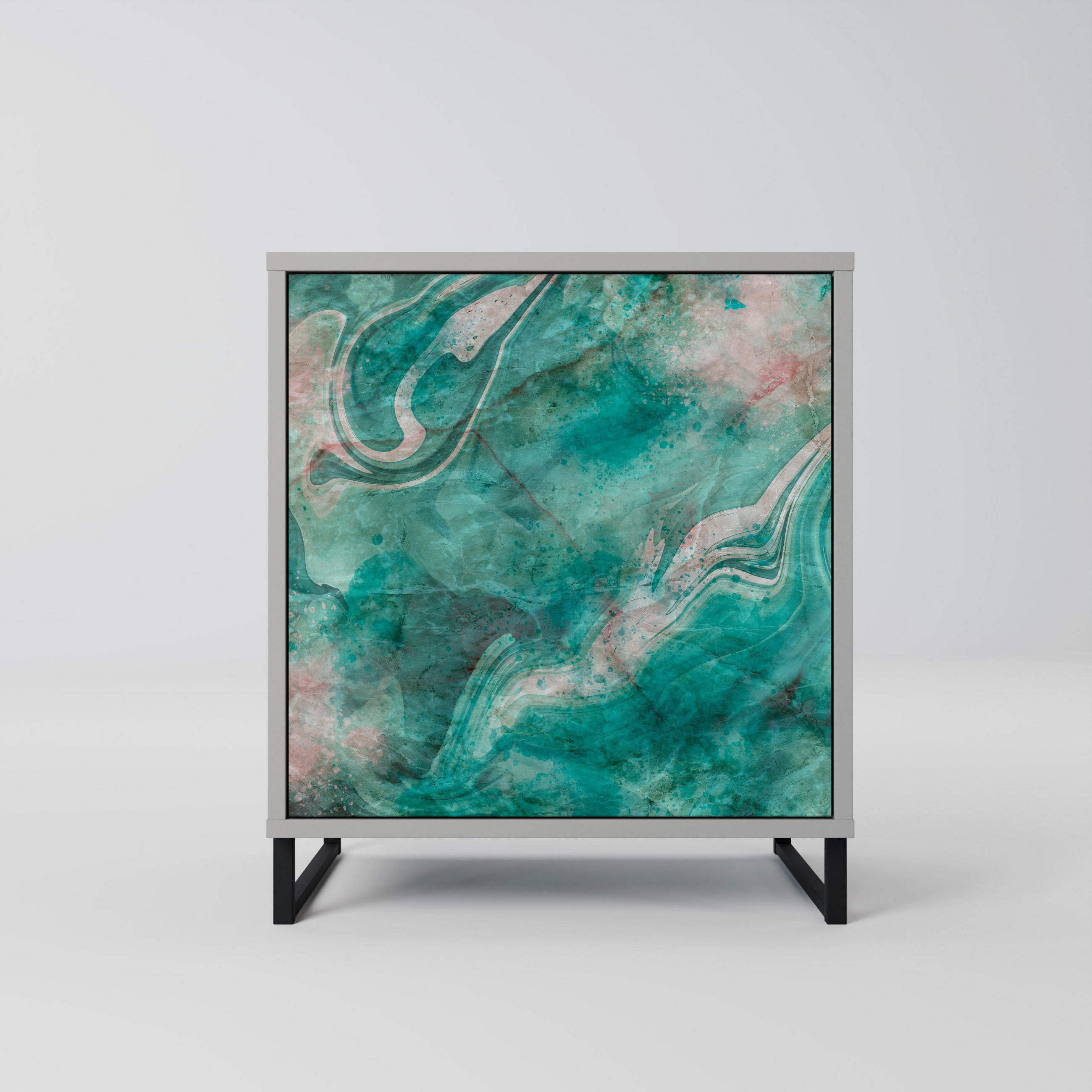SIDEBOARD ABSTRACT ALCHEMY, Grau, 57,5x42x67,5 cm, Schwarze Metall-Rahmenfüße - Multicolor/Schwarz, Holzwerkstoff/Metall (57.5/67.5/42cm) - SpaceRebels
