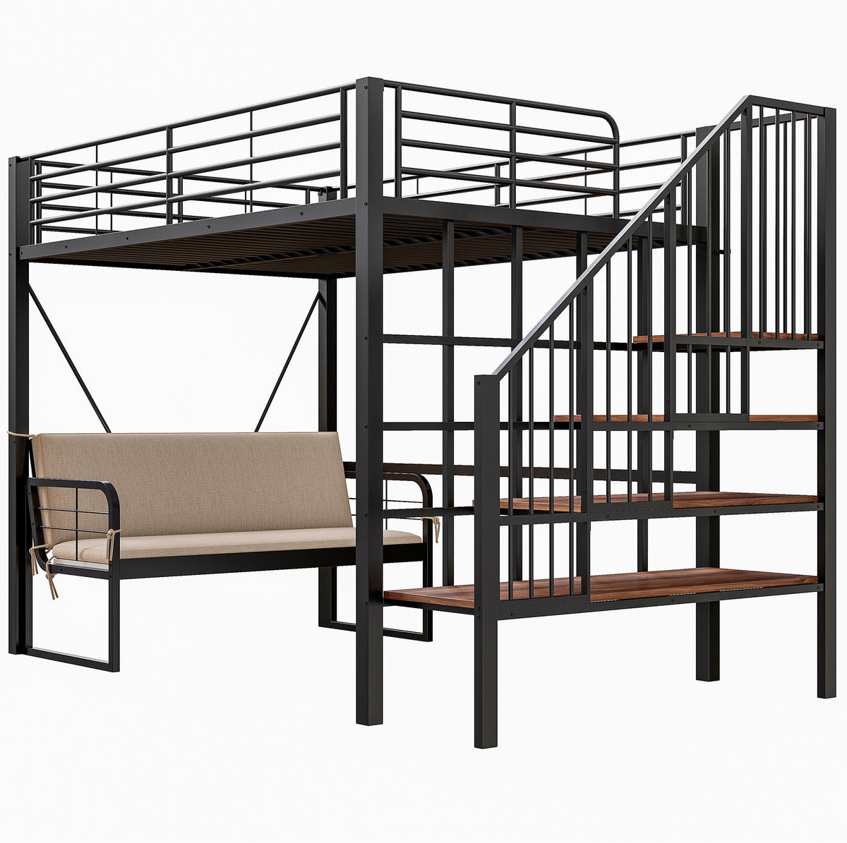 ETAGENBETT 140/200 cm schwarz aus Metall mit Sofa und Stauraum - Schwarz, Holzwerkstoff (140/200cm) - OKWISH