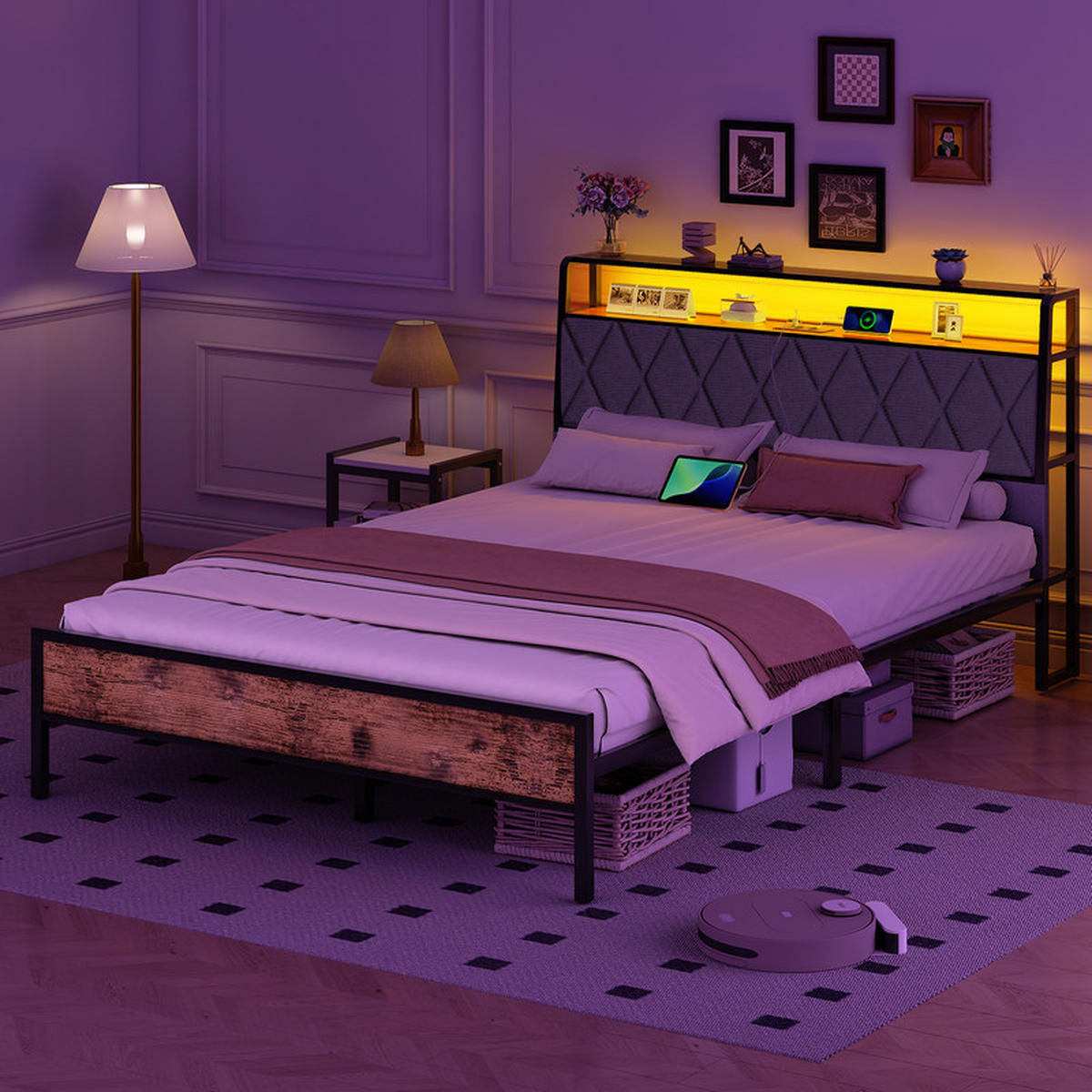 BETT 140 x 190 cm mit Metall Lattenrost,Bettgestell,Stauraum unter dem Bett,Doppelbett mit LED-Beleuchtung,mit 2 AC-Steckdosen und USB,Schwarz - Schwarz, Metall