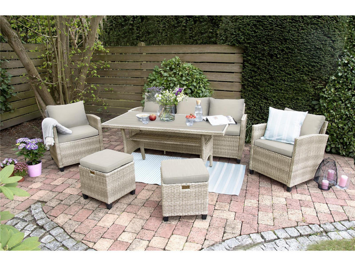 DININGLOUNGE-SET Alpina II Braun Polyrattan für 7 Personen - Braun, Naturmaterialien - Green Spirit