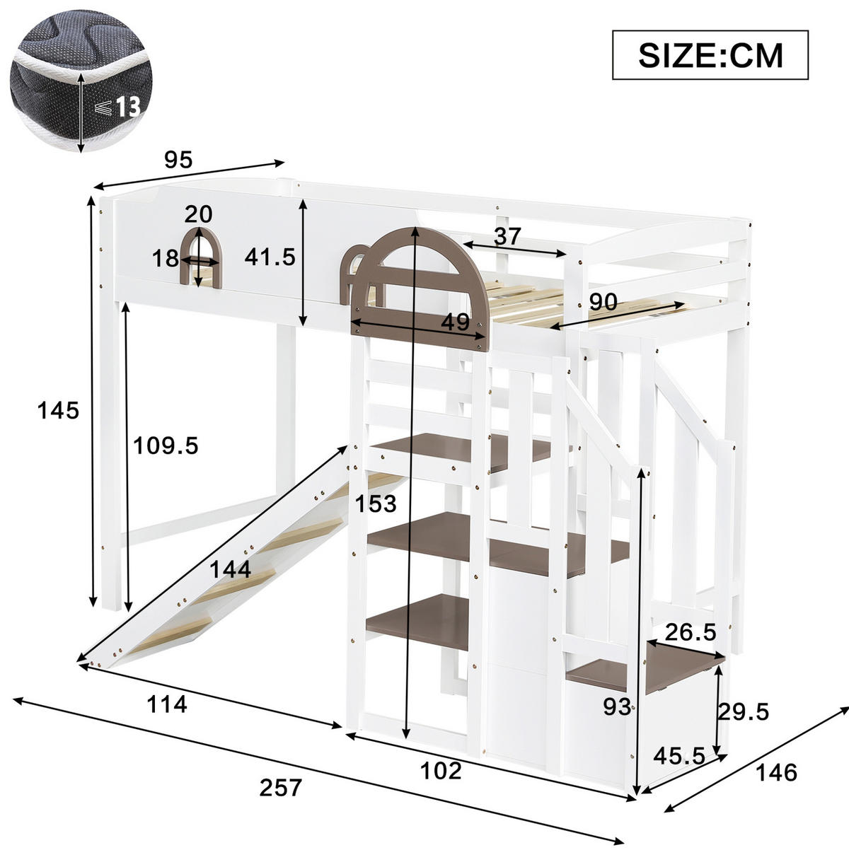ETAGENBETT mit Fenstern, Rutsche und Stauraumtreppe, Weiß, 90/200 cm - Weiß, Holz (90/200cm) - MIVRAY