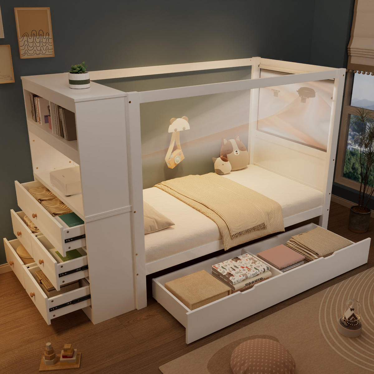 EINZELBETT 90/200 cm Weiß aus Kiefernholz und MDF mit Stauraum - Weiß, Holz (90/200cm) - OKMYHOME