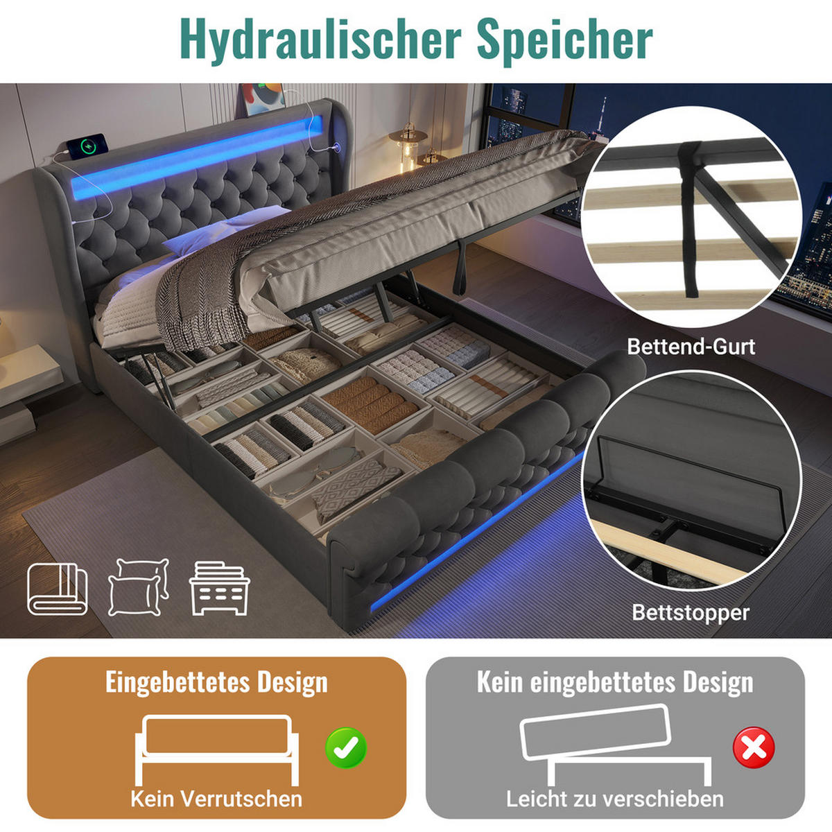 POLSTERBETT 140x200cm Doppelbett LED USB-C & Hydraulik Stauraum Grau Samt - Grau, Holz (140/200cm) - FLIEKS