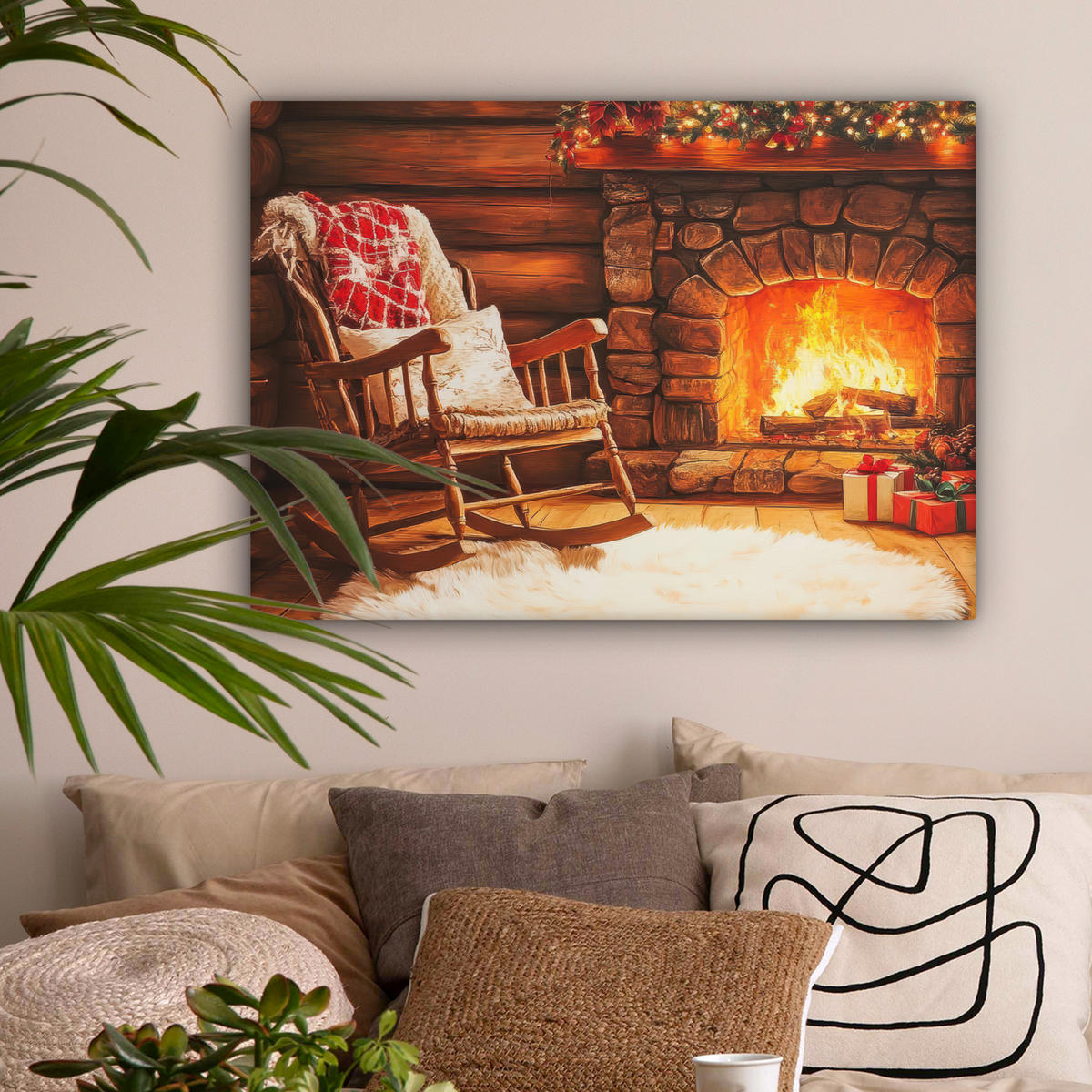 LEINWANDBILD Winter - Weihnachten - Zuhause - Kamin Wandbilder 80x60 cm - Bernsteinfarben, Textil (80/60cm) - MuchoWow