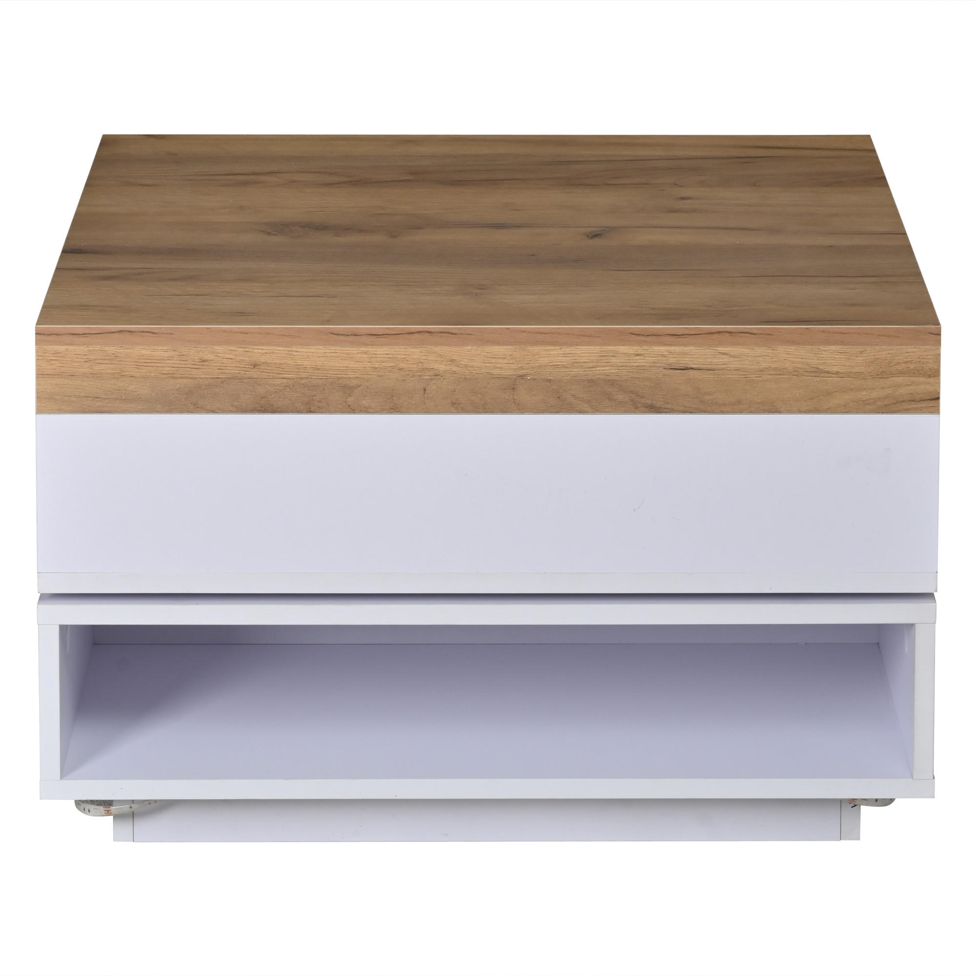 COUCHTISCH 65/65/40 cm weiß und eichefarben aus MDF mit 360° drehbarer Tischplatte und LED - Weiß, Holzwerkstoff (65/65/40cm) - OKWISH