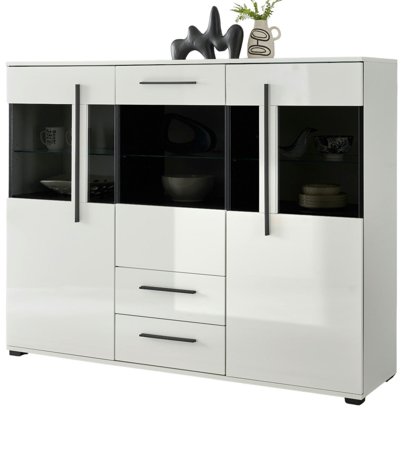 HIGHBOARD weiß Hochglanz 160 cm, Vitrine mit 11 Fächern, Soft-Close - Weiß Hochglanz/Schwarz, Glas/Holzwerkstoff (160/126/42cm) - Furn.Design