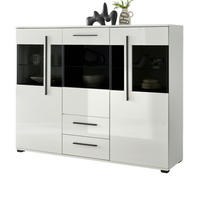 HIGHBOARD weiß Hochglanz 160 cm, Vitrine mit 11 Fächern, Soft-Close - Weiß Hochglanz/Schwarz, Glas/Holzwerkstoff (160/126/42cm) - Furn.Design