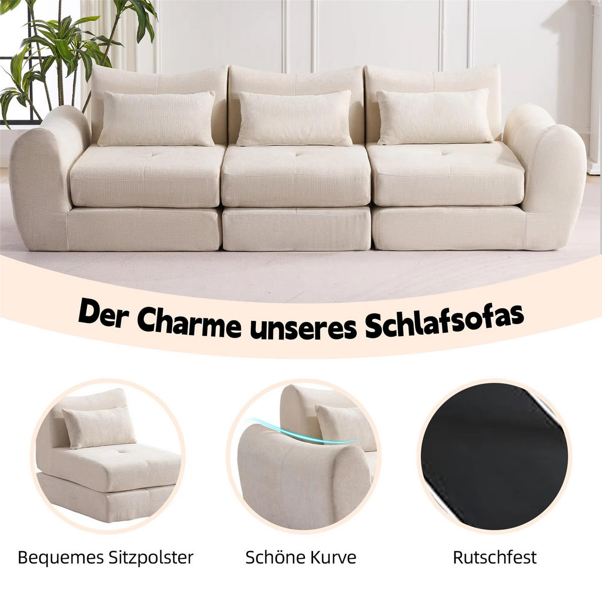 SCHLAFSOFA 3-Sitzer Chenille, Komfort Kompressionssofa ohne Aufbau, Beige - Beige, Textil (262/78/97cm) - Kaket