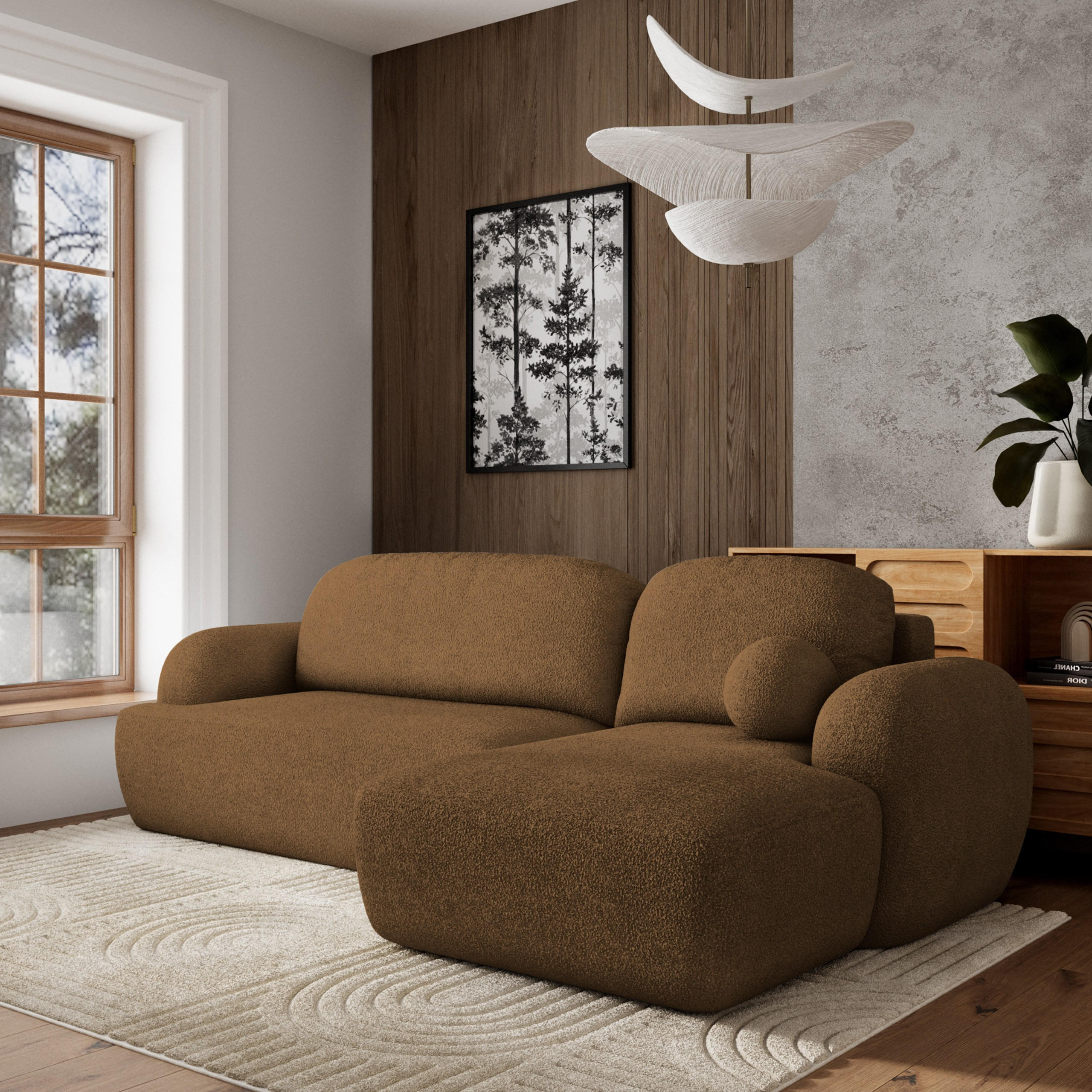 ECKSOFA MODENZA N R-S Braun Boucle-Stoff mit Schlaffunktion - Braun, Holz (266/148cm) - MASSENO