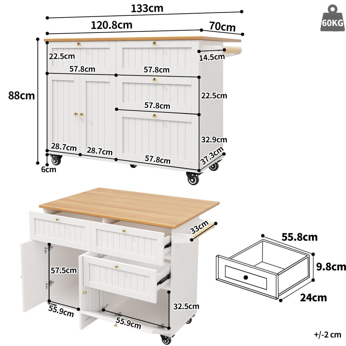 KUHINJSKI voziček 133/37,3/88 cm iz MDF z zložljivo ploščo, kolesi in nastavljivimi nogami, Bela - bela, leseni material (133/88/37.3cm) - Redom
