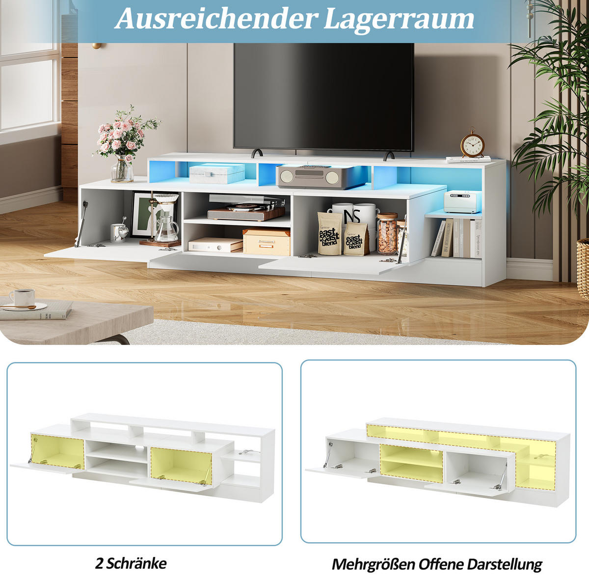 TV-LOWBOARD aus Spanplatte 190x40x48,5 cm Weiß mit LED-Beleuchtung, Klapptüren und Hochglanzfront - Weiß, Holzwerkstoff (190/48.5/40cm) - Modfu