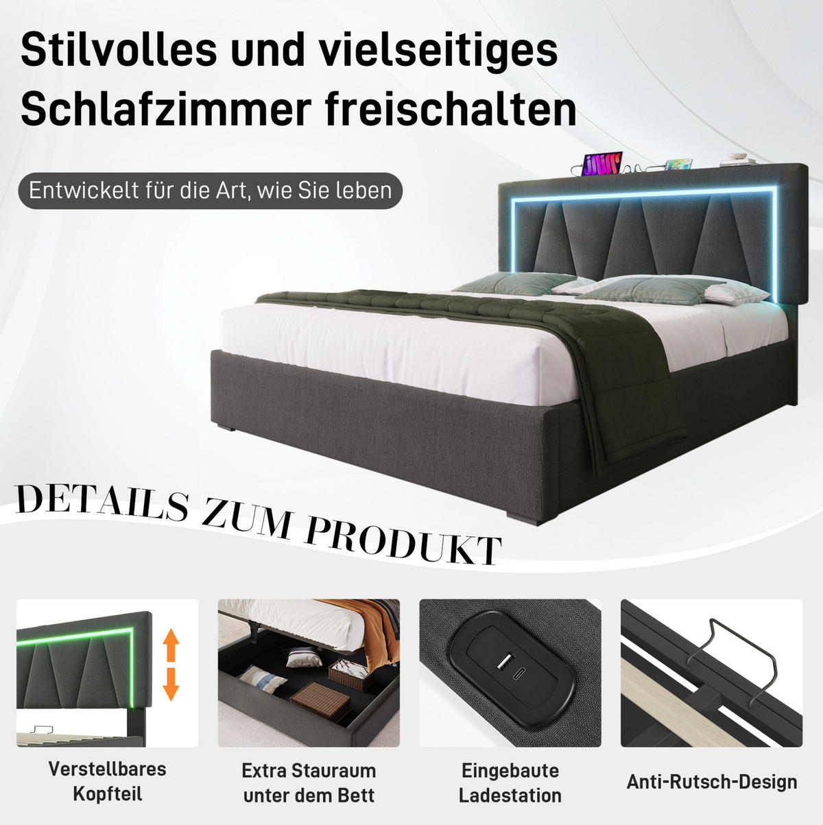 POLSTERBETT 160/200 cm Grau aus Leinen mit Stauraum und LED - Grau, Textil (160/200cm) - OKMYHOME