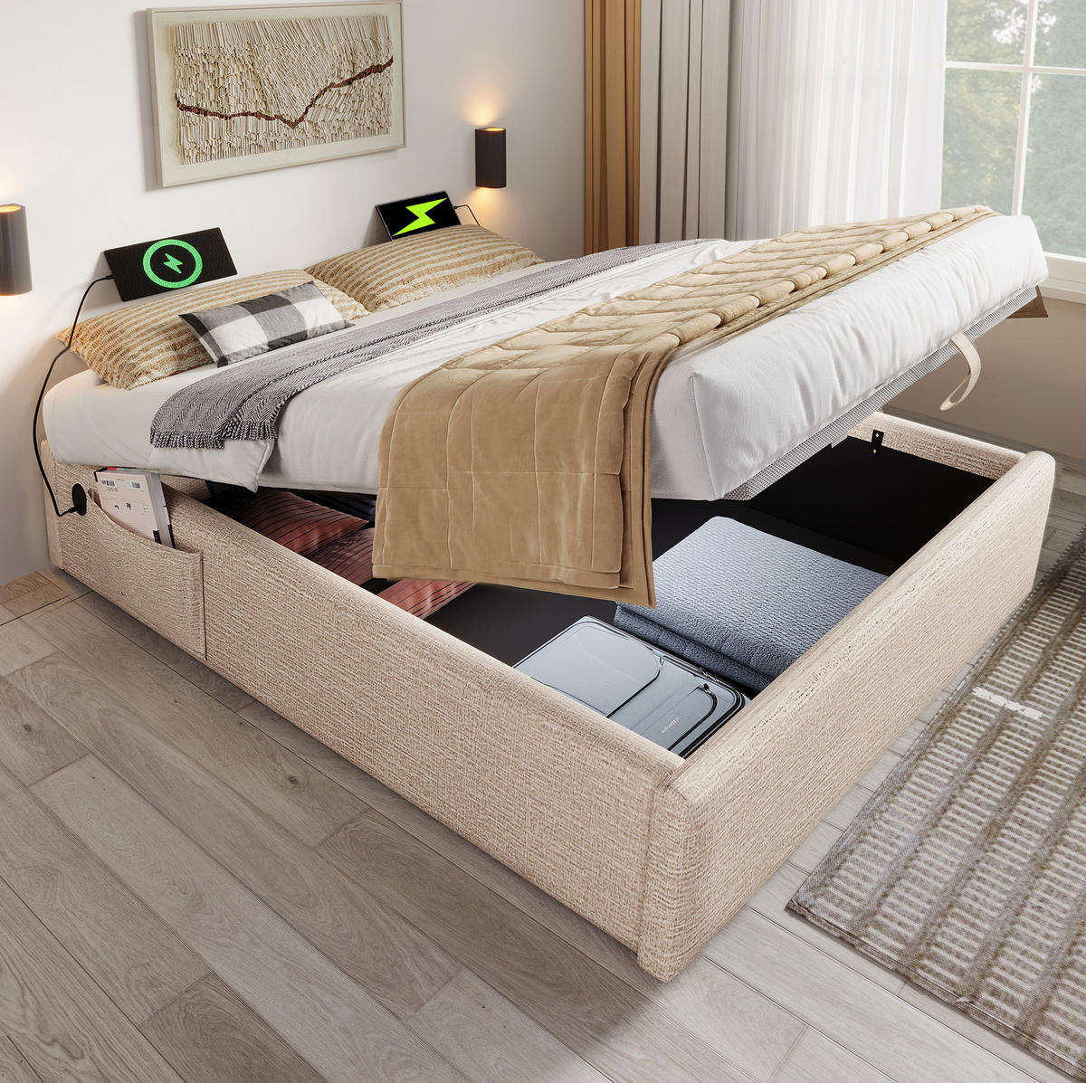 ČALOUNĚNÁ postel 160/200 cm béžová a přírodní z lnu s úložným prostorem a USB-C - béžová, kompozitní dřevo (160/200cm) - OKWISH