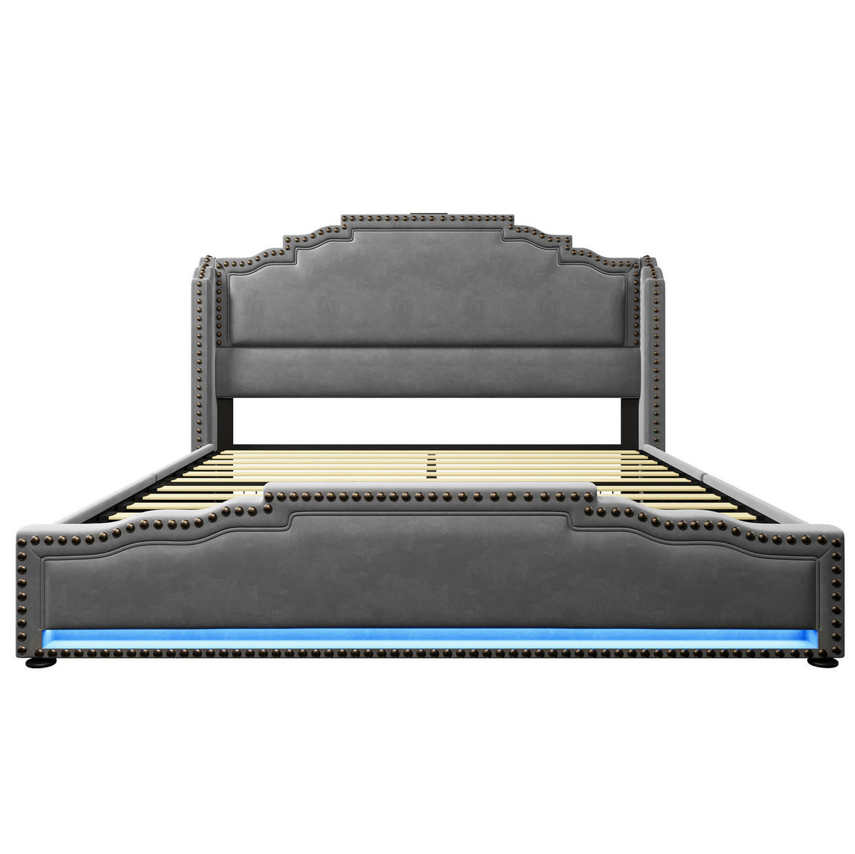 POLSTERBETT aus Samt 140x200 cm Grau mit Matratze, 4 Schubladen, LED-Beleuchtung und USB-/USB-C-Anschlüssen - Grau, Textil (140/200cm) - IVMEU