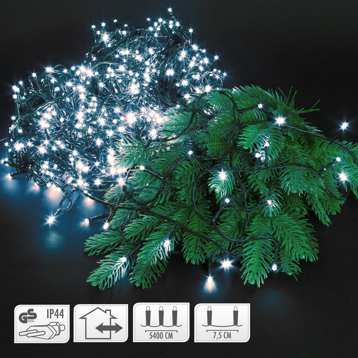 LED CLUSTER LICHTERKETTE 720LED 54m Kaltweiß Innen/Außen IP44 - Dunkelgrün, Kunststoff (5400cm) - ECD-Germany