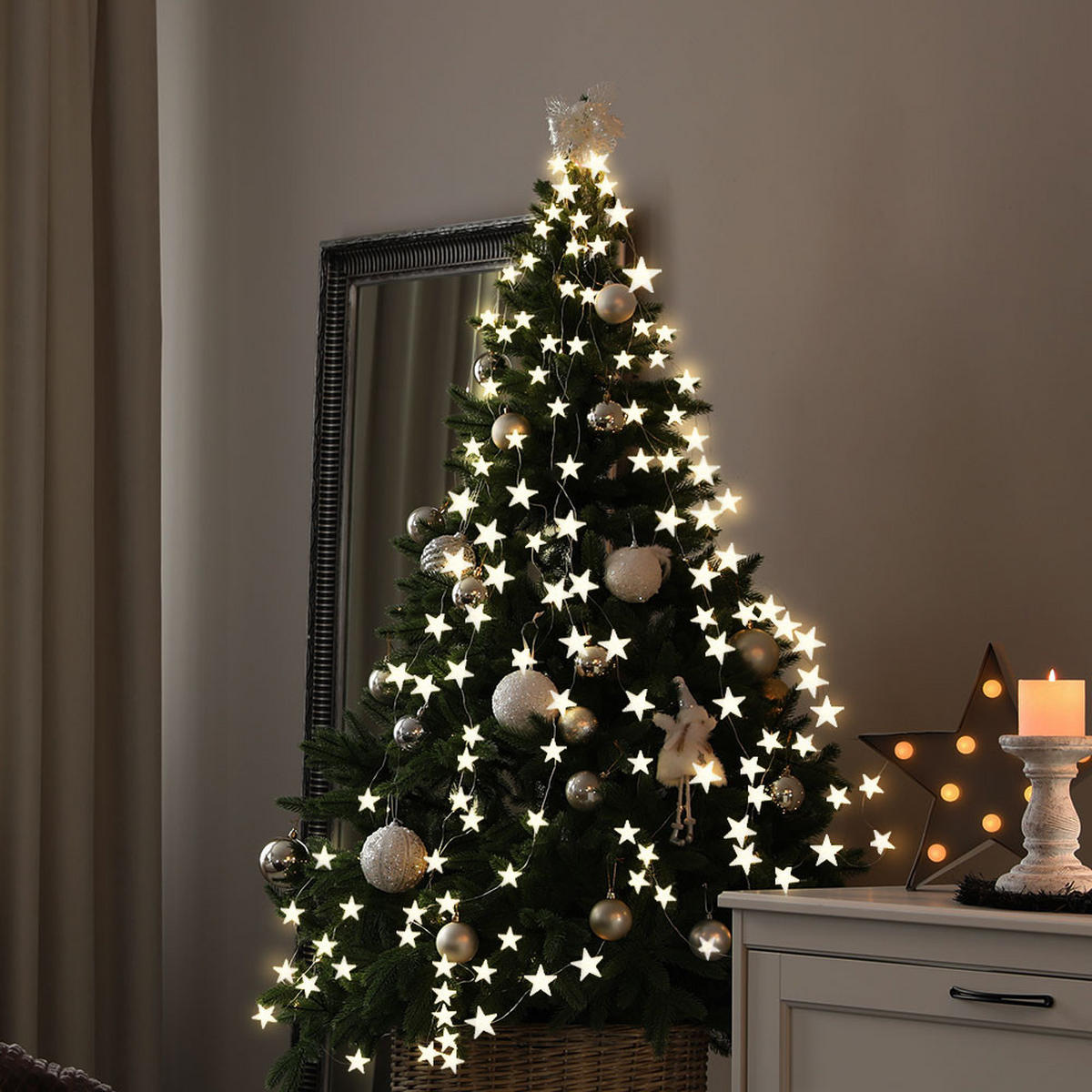 LED Lichterkette Sternen-Design Silber - Silberfarben, Metall (220/2.5/2.5cm) - Globo Lighting