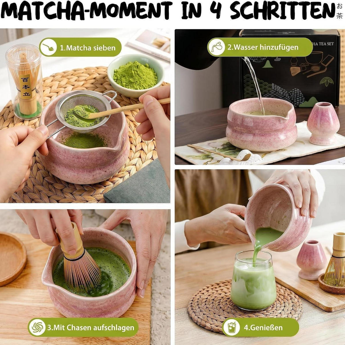 MATCHA Set 8-teilig Keramikschale Bambusbesen Halter Löffel Sieb Tuch Lila Farbverlauf - Lila, Keramik (16/10.8/20.5cm)
