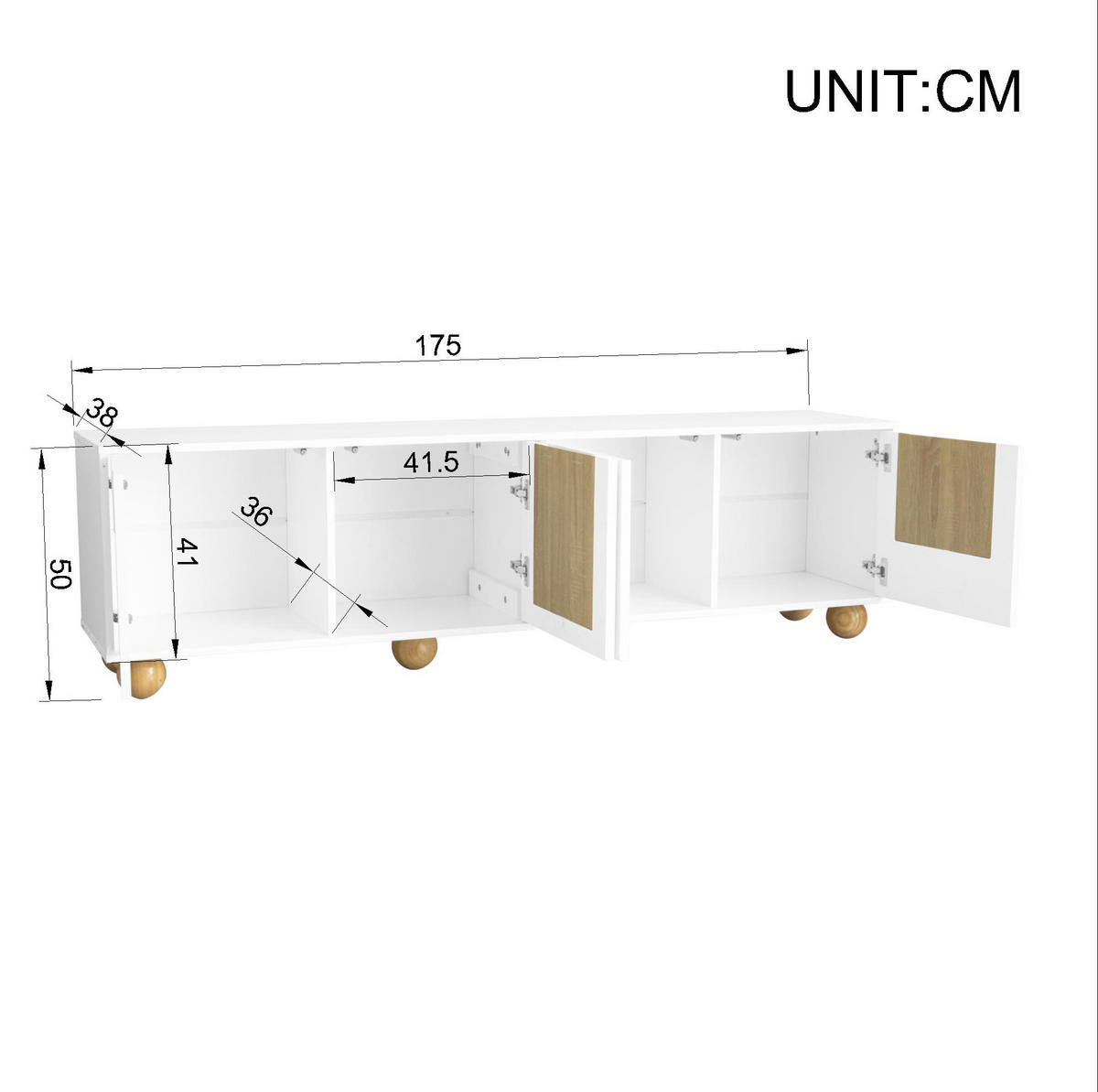 TV-SCHRANK mit 4 Türen 175 x 38 x 50 cm MDF Natur/Weiß - Weiß, Holzwerkstoff (38/50/175cm) - Beauniv