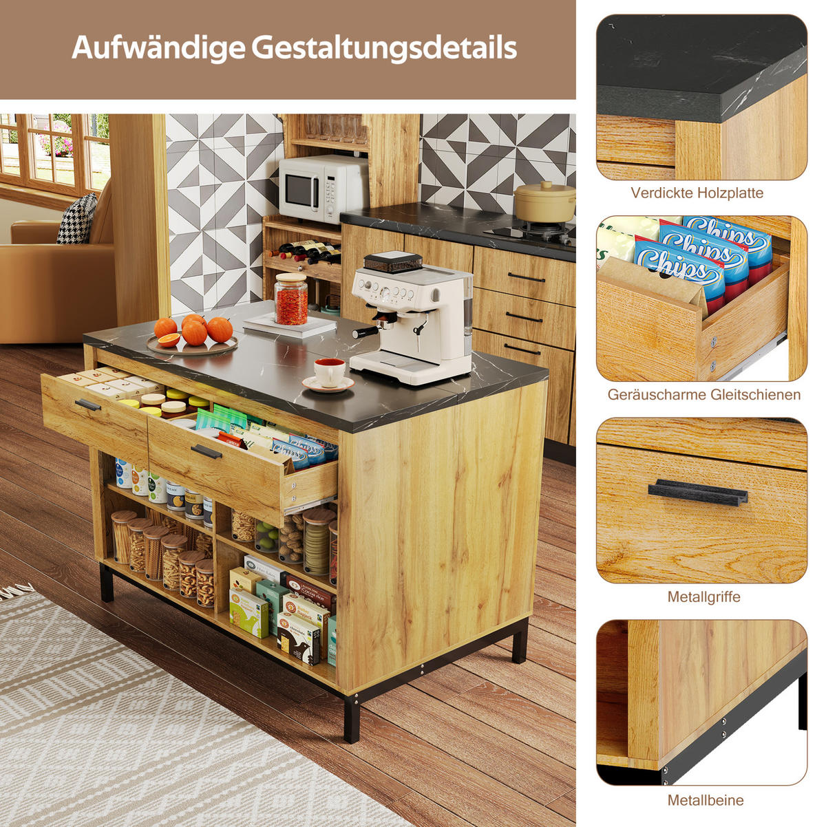 KÜCHENINSEL 120/75/90 cm mit 2 Schubladen, 4 offenen Regalen, Barbereich und MDF-Arbeitsplatte, Schwarz/Natur - Naturfarben, Holzwerkstoff (75/90/120cm) - Redom