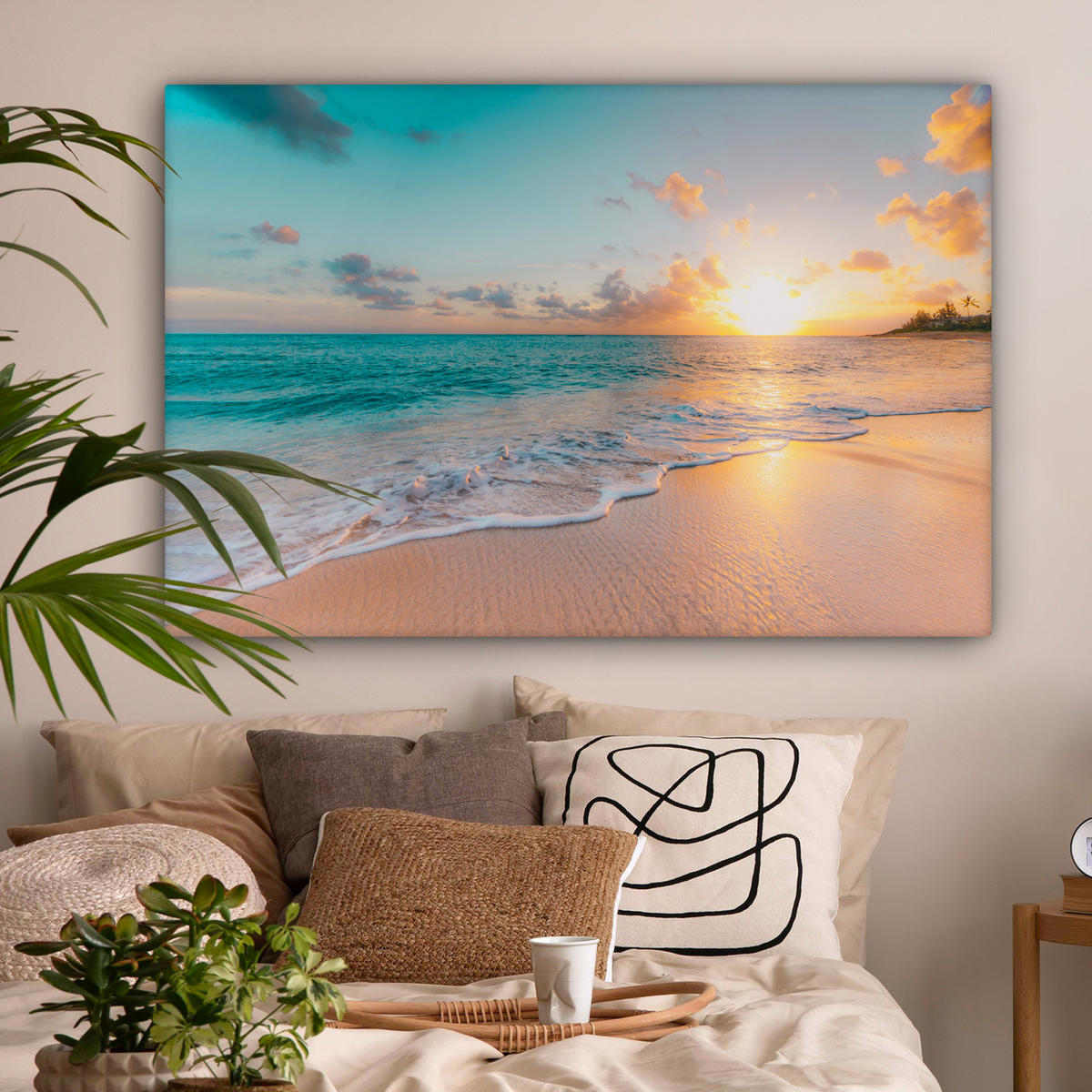 OBRAZ NA PLÁTNE Západ slnka - Pláž - More - Leto - Modrá 120x80 cm - viacfarebná, textil (120/80cm) - MuchoWow