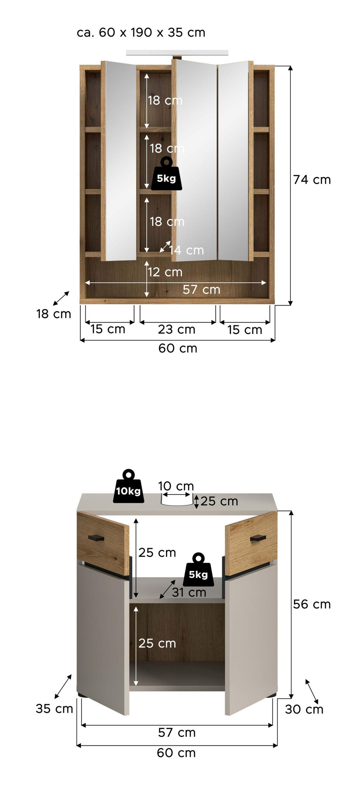 BADKOMBINATION INKL. BELEUCHTUNG Aqua Kaschmir 60/35/191 cm - Beige, Holzwerkstoff (60/191/35cm) - Xonox