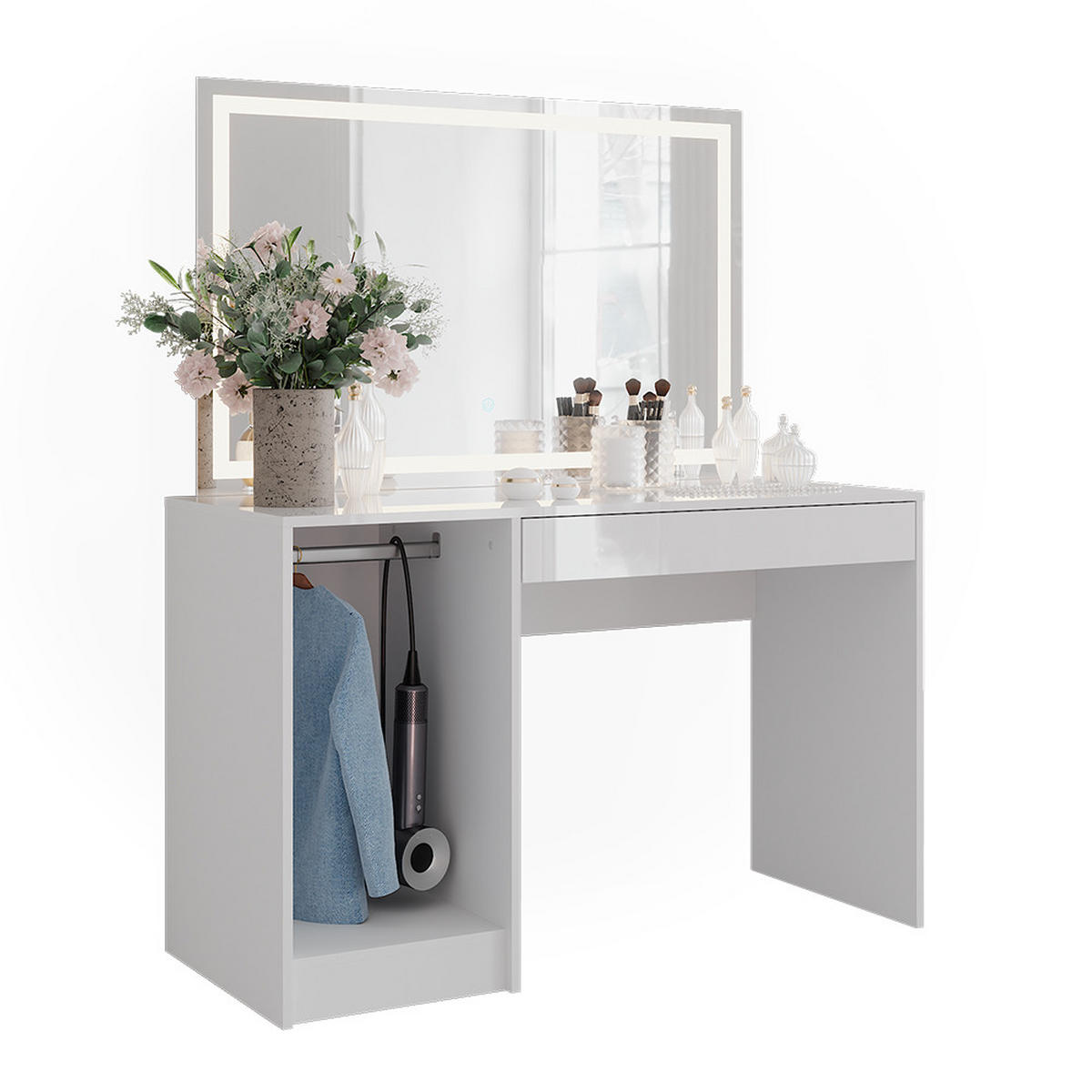 SCHMINKTISCH Sherry Weiß/Weiß Hochglanz 119.8 cm mit LED-Spiegel - Weiß Hochglanz, Holzwerkstoff (119.8/76/50.1cm) - Vicco