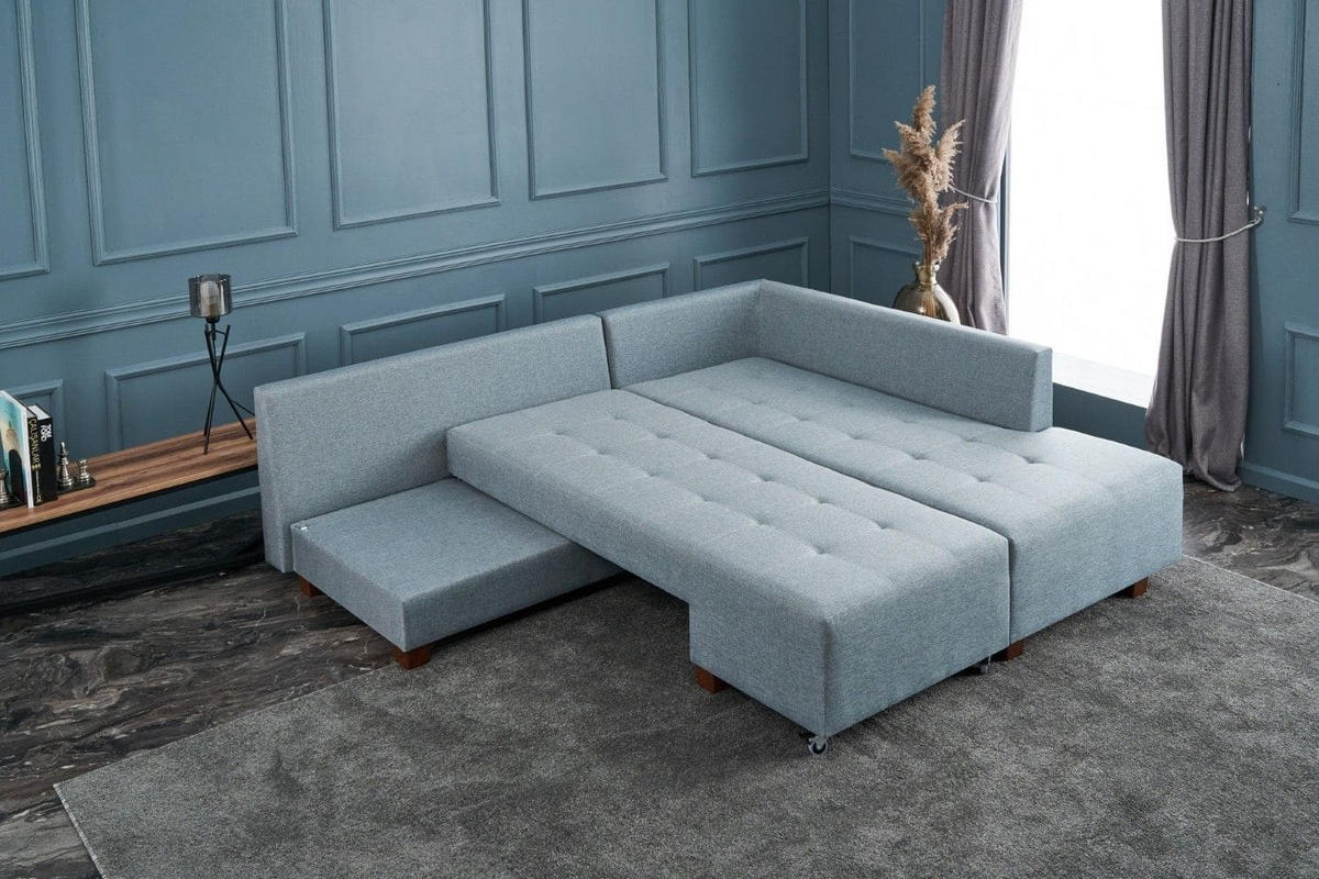ECKSOFA mit rollbarer Schlaffunktion - Blau/Walnussfarben, Holzwerkstoff/Kunststoff (206/280cm) - myHomelando