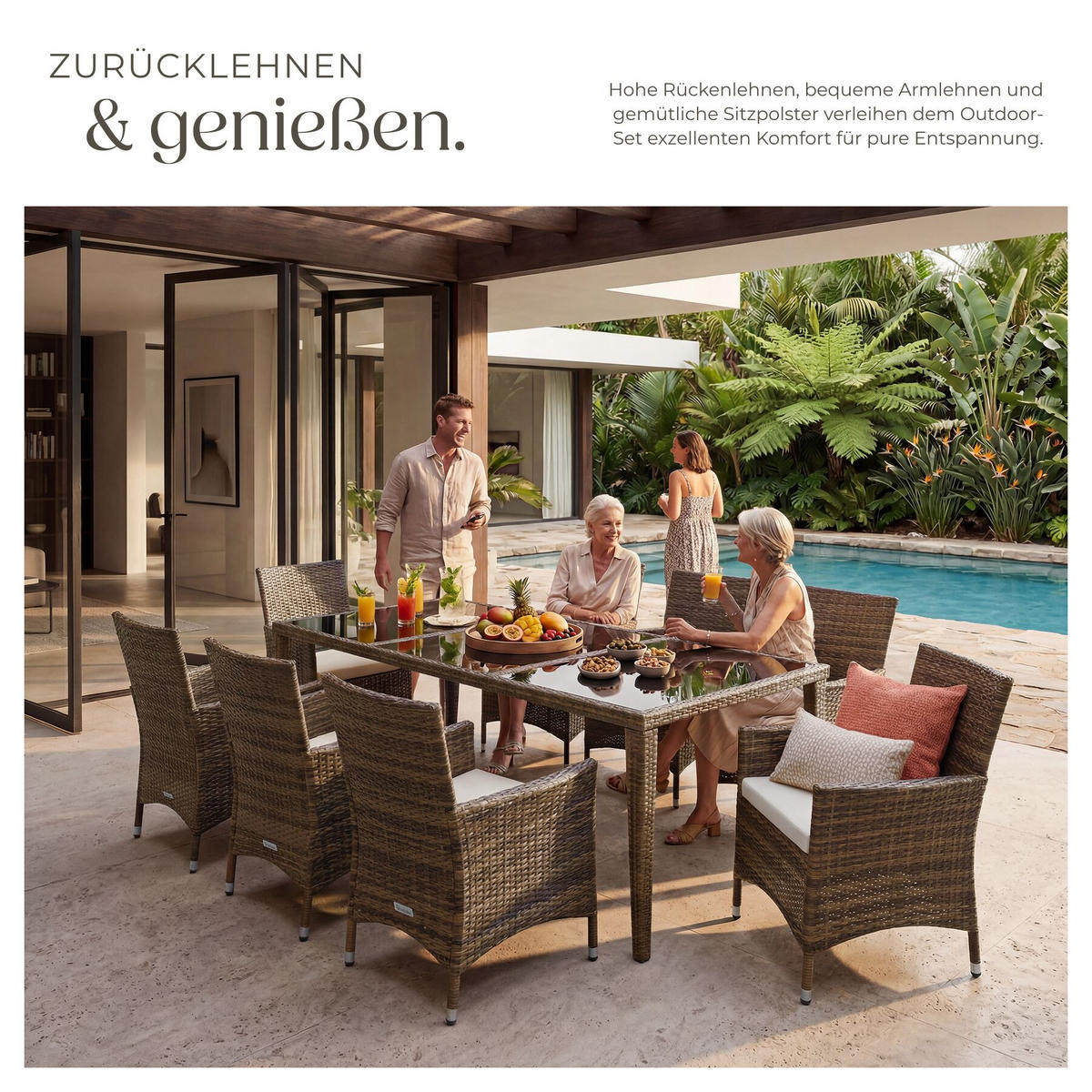 RATTAN-SITZGRUPPE aus Aluminium Menorca, inklusive Schutzhülle, natur - Naturfarben, Kunststoff - tectake