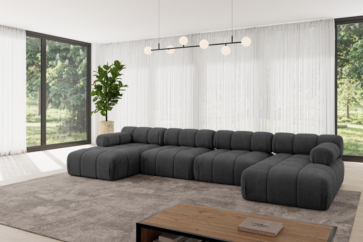 WOHNLANDSCHAFT modulares Sofa Tesso-U2 - 380x160x70 cm Schwarz Velours - Schwarz, Holzwerkstoff/Textil (380/70/160cm) - ALTDECOR