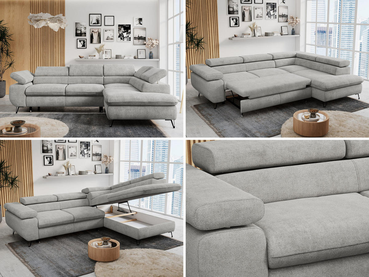 ECKSOFA PETER L Hellgrau Struktur - Rechts Seite - Hellgrau/Schwarz, Textil/Metall (273/208cm) - MKS