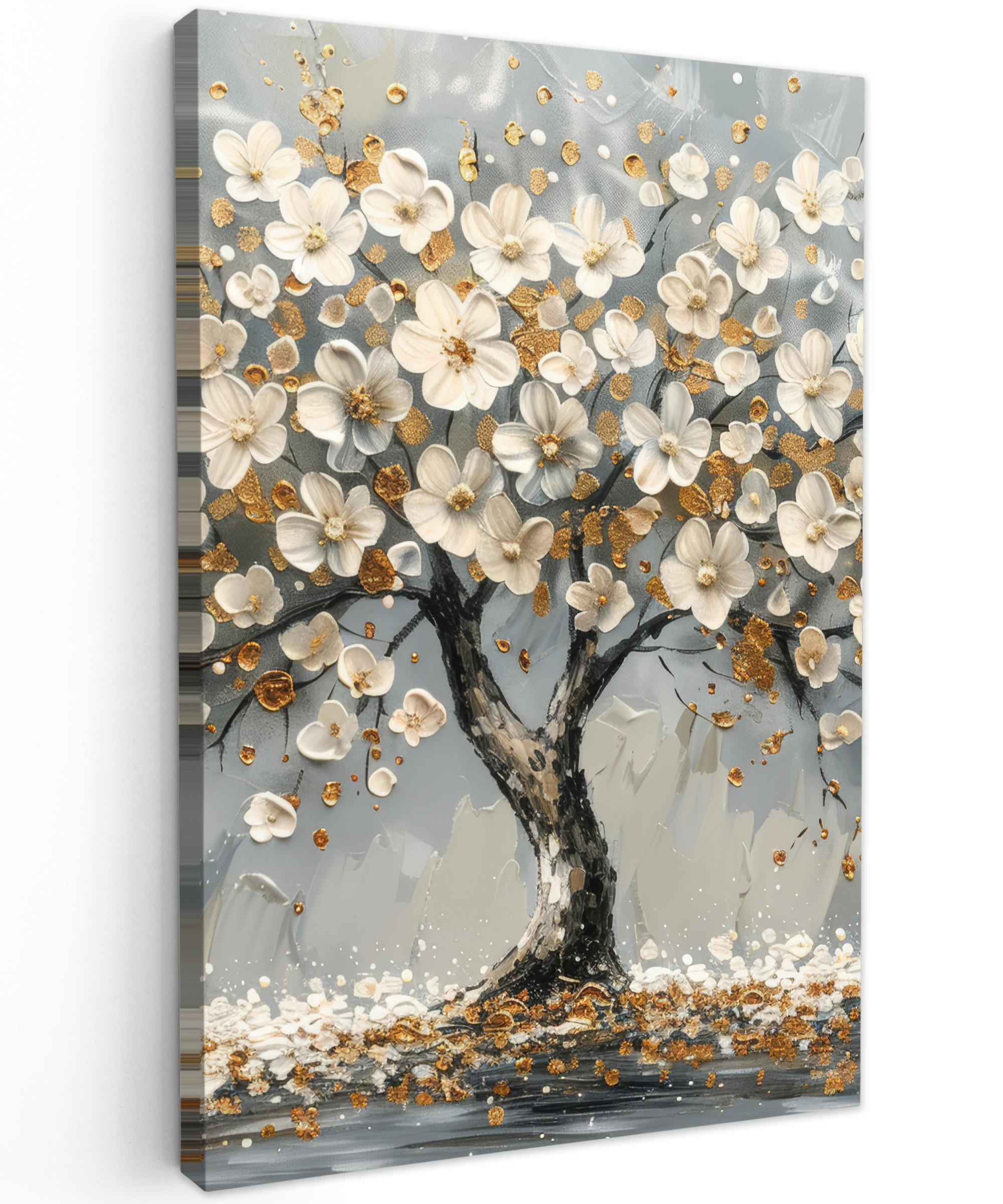 LEINWANDBILD Baum - Blumen - Weiß - Natur - Kunst 80x120 cm - Weiß, Textil (80/120cm) - MuchoWow