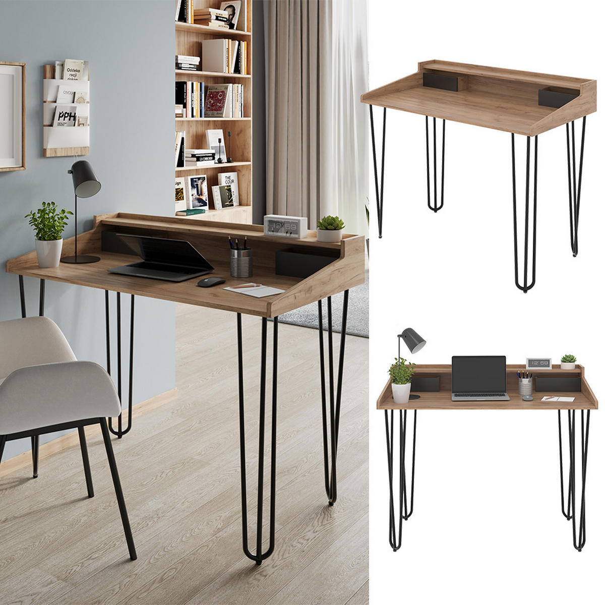 SCHREIBTISCH Sannar Eiche 110 x 60 cm mit Schubladen - Eichefarben/Schwarz, Holzwerkstoff (60/110/89.5cm) - Vicco