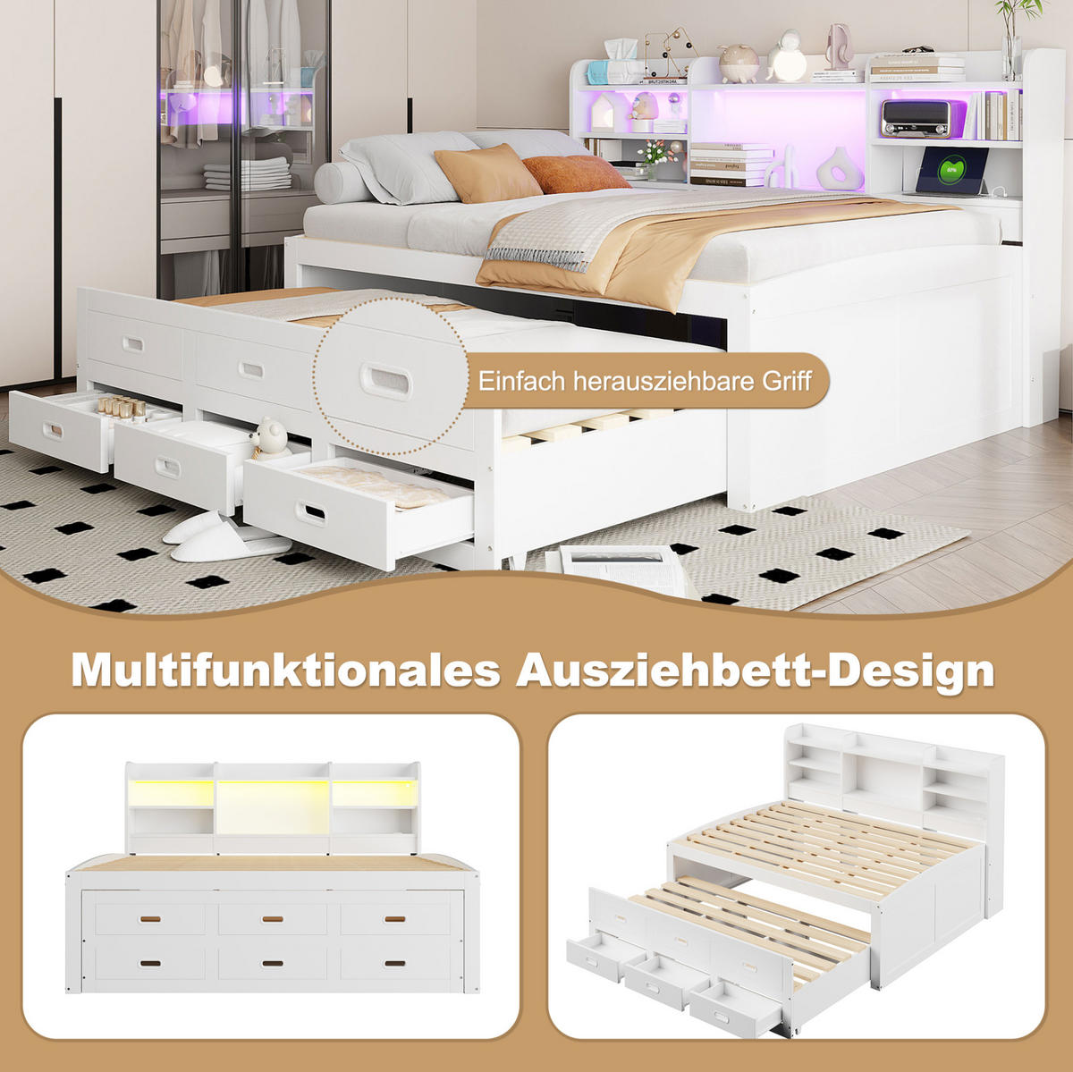 TAGESBETT 140/200 cm aus werkstoff mit LED-Beleuchtung, USB-/Type-C-Anschluss, Ausziehbett und 3 Schubladen, Weiß - Weiß, Holzwerkstoff (140/200cm) - Redom