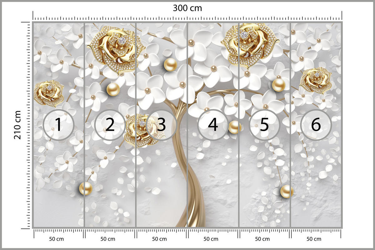 FOTOTAPETE für Wohnzimmer Abstrakte Rosen Baum Blumen Räumliche Äste Zweige 300x210 - Gelb/Weiß, Papier (300/210cm) - Muralo