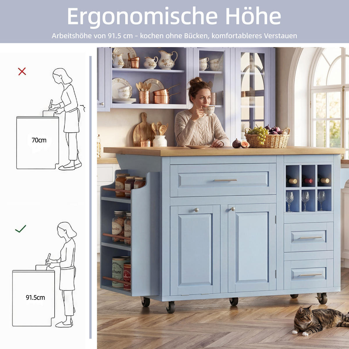 KÜCHENINSEL Blau 143/45-75/91 cm - Blau, Holzwerkstoff (143/91/75cm) - PANGIVO