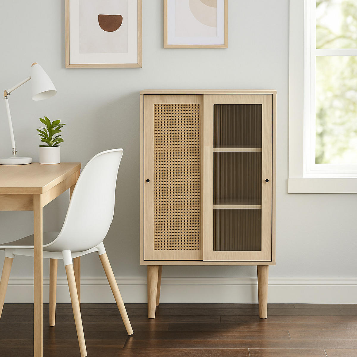 SIDEBOARD mit Rattan-Türen, 100x40x60 cm - Eiche San Remo, Glas/Holzwerkstoff (60/100/40cm) - Urban Meuble