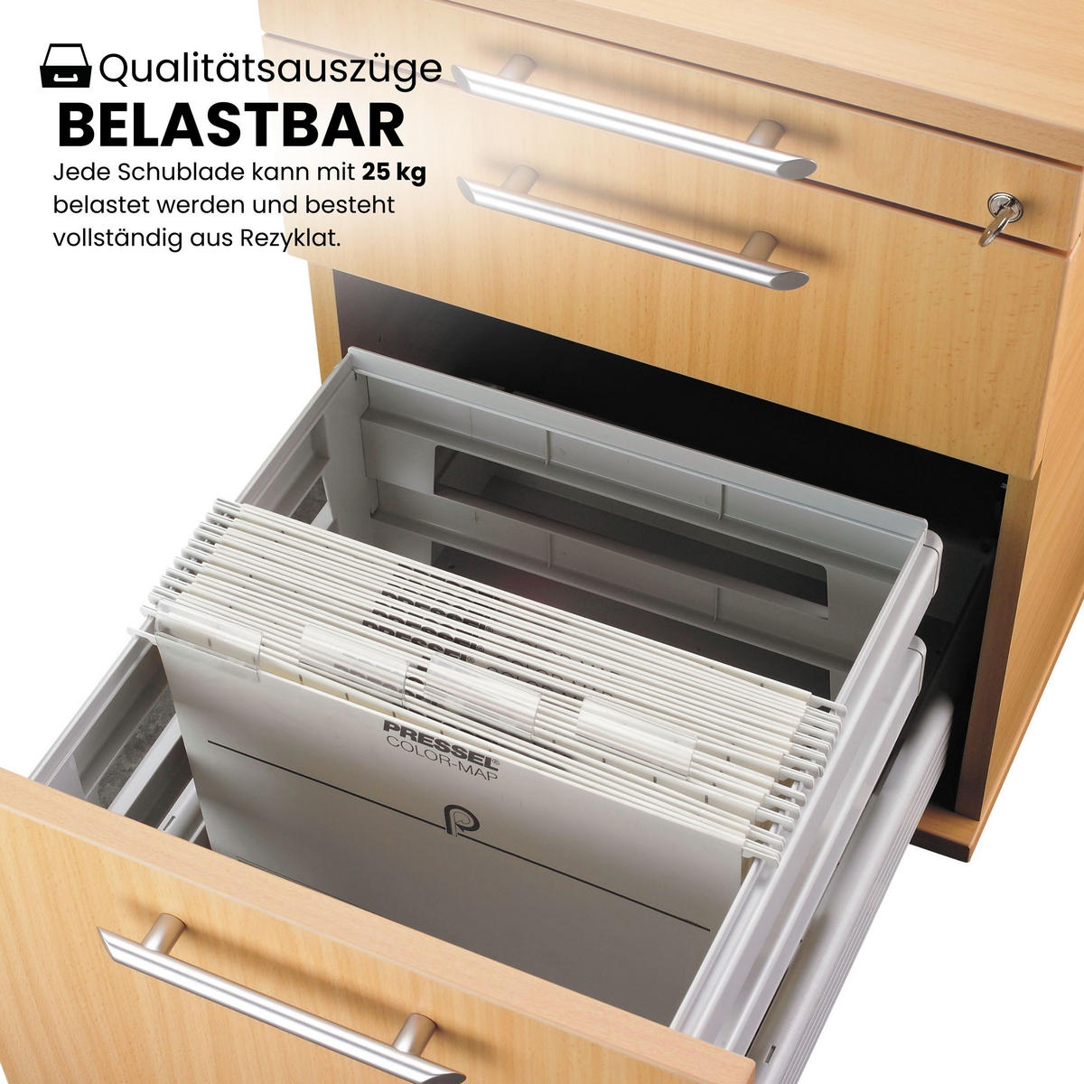 ROLLCONTAINER - mit Hängeregistratur 58/42,8/59 cm in Buchefarben Bügelgriff (Metall) - Buchefarben, Holzwerkstoff (42.8/59/58cm) - bümö