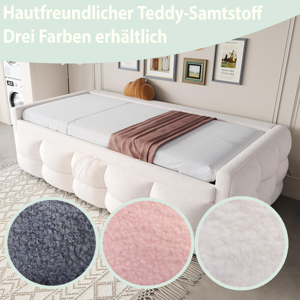 POLSTERBETT 90/190 cm Beige aus Teddy mit Ausziehfunktion - Beige, Textil (90/190cm) - OKMYHOME