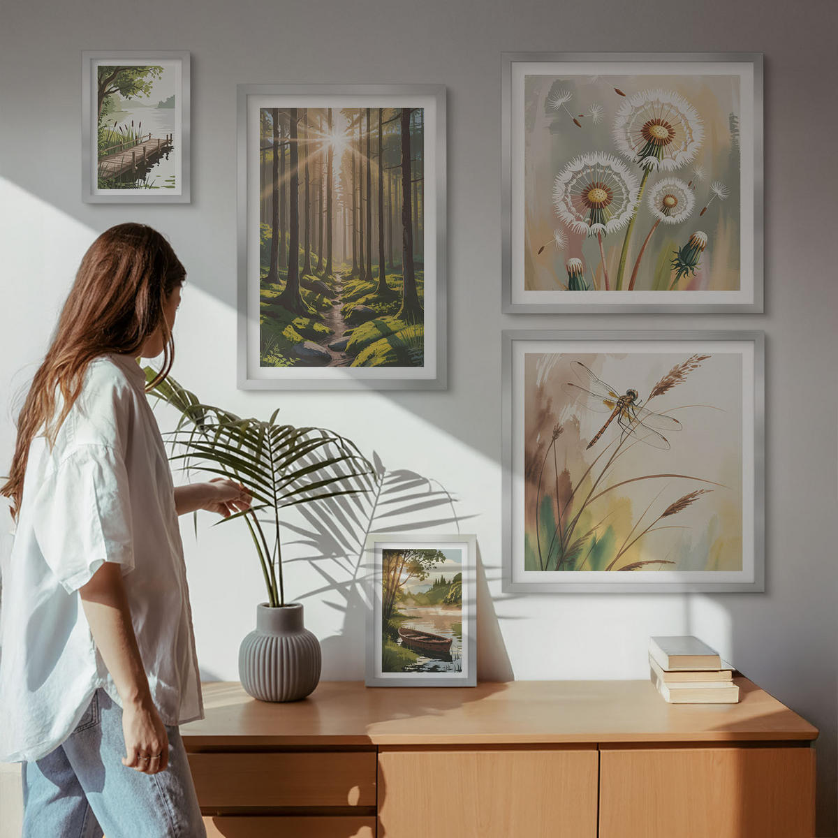 BILDER SET 5er Set - 50x50 cm & 20x30 cm & 40x60 cm Silberner Rahmen - See, Wald, Boot, Morgennebel - Silberfarben, Kunststoff (40/60cm) - TULUP