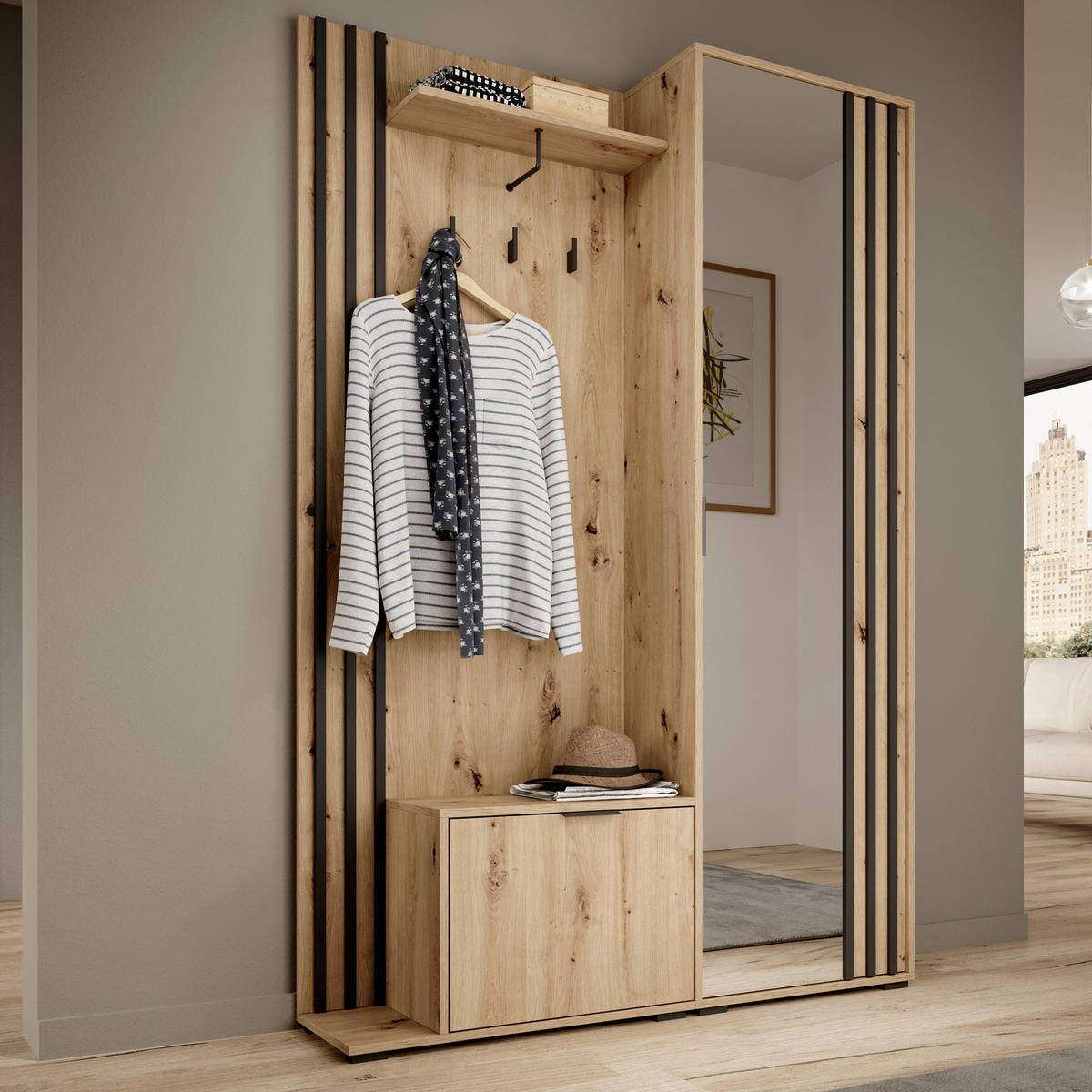 GARDEROBE STILO 131 cm (Artisan Eiche, Schwarze Lamellen, Spiegel, Metallgriffe) - Schwarz/Eiche Artisan, Holz/Holzwerkstoff (131/192/40cm) - Ravio