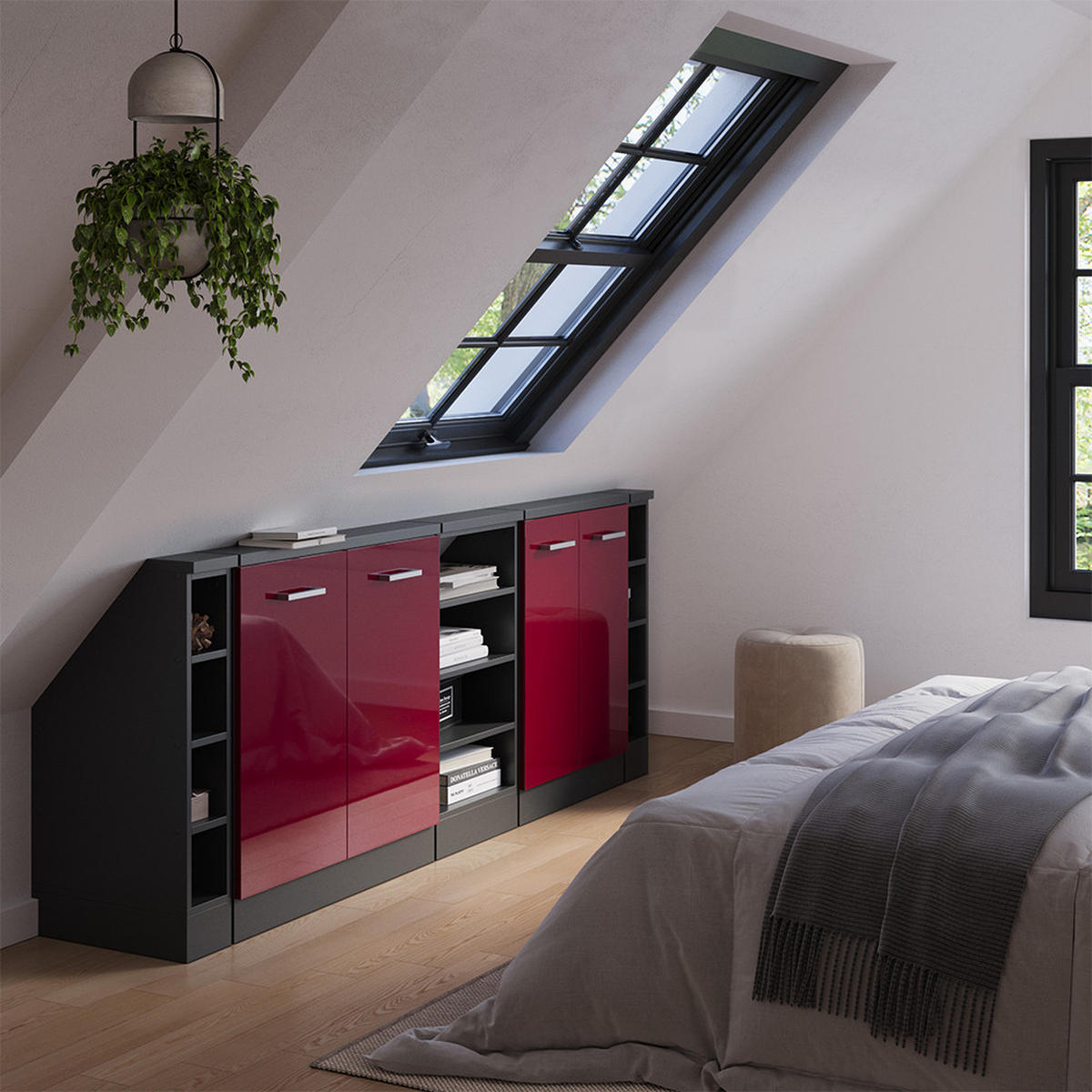 DACHSCHRÄGENSCHRANK-SET Rion Rot Hochglanz/Anthrazit 5er Set - Anthrazit/Rot, Holzwerkstoff (215/81.6/46cm) - Vicco