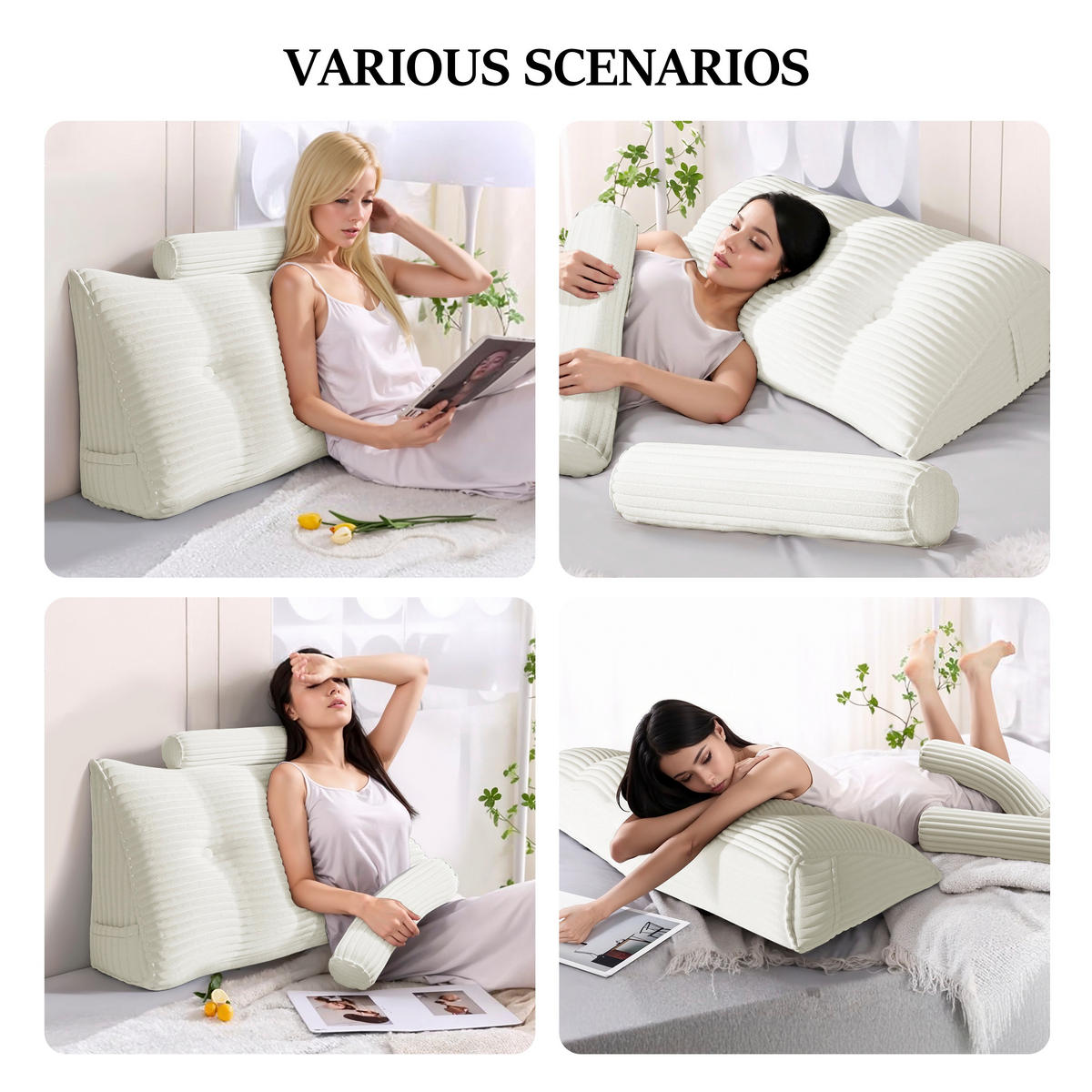 LESEKISSEN Keilkissen mit einem runden Kissen 2er-Set Gestreifter Samt Weiß 100cm - Weiß, Textil (20/100cm) - Vercart