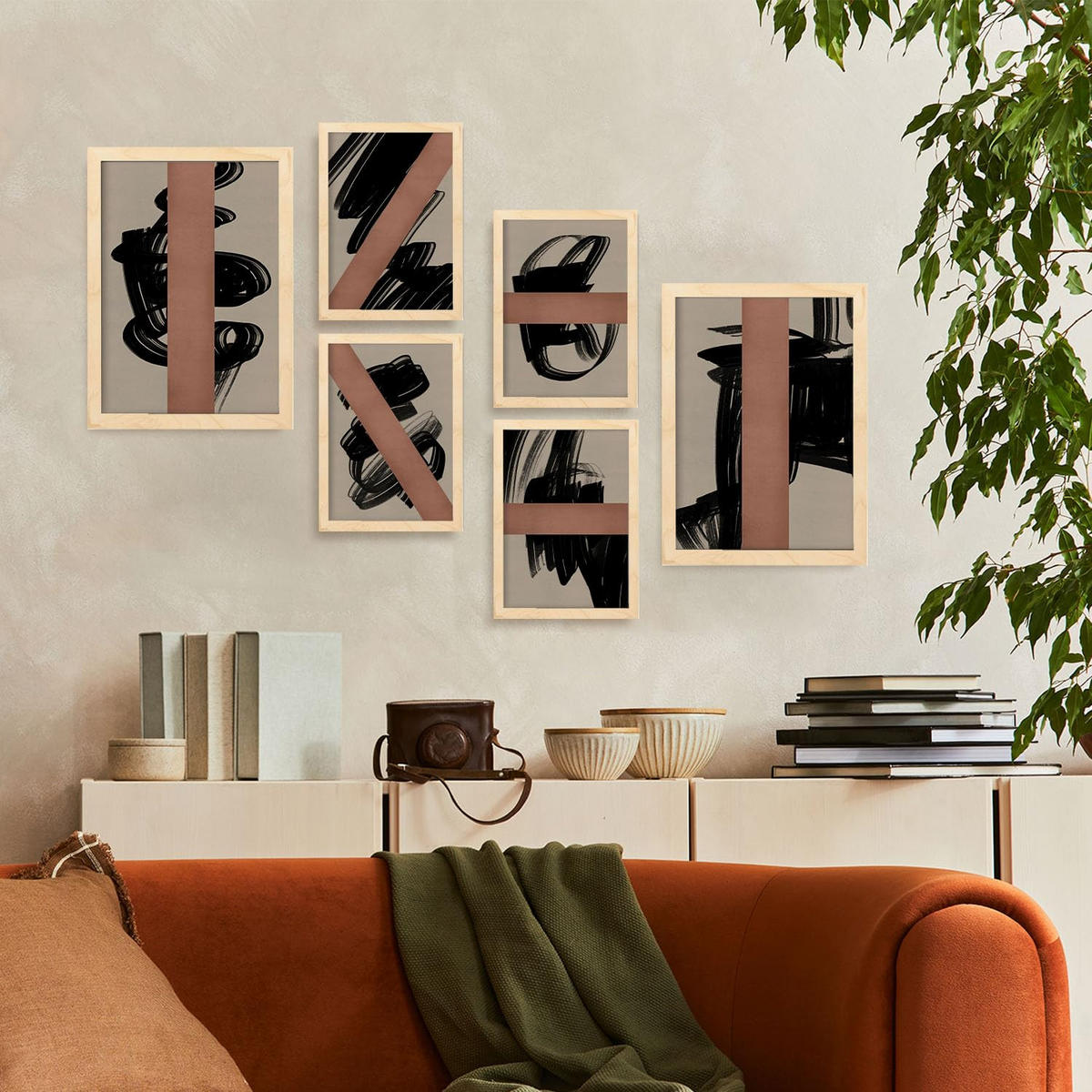 POSTER Set Mit 6 Utopisches Handwerk In Form Abstracts Ästhetische Dekorative Gemälde Für Ihr Wohnzimmer Zuhause A3 & A4 Rahmen Aus Hellem Holz - Beige, Papier (29/3cm) - Nacnic