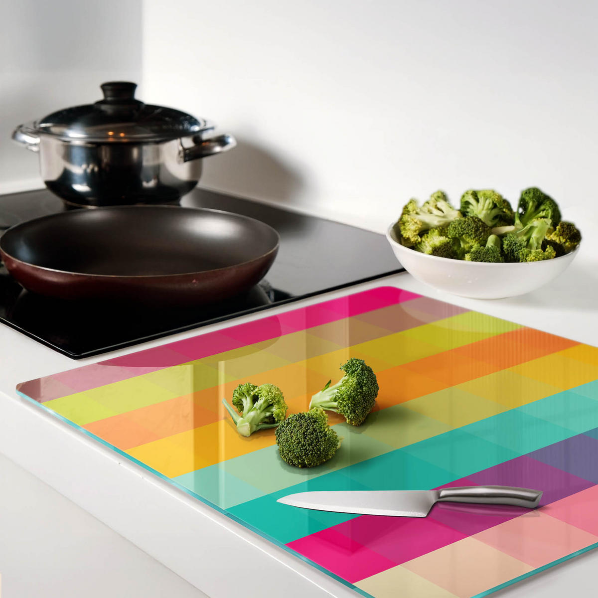 GLASPLATTE 60x52 cm Farbige Quadrate - Weiß Hochglanz/Schwarz, Glas (60/0.4/52cm) - TULUP