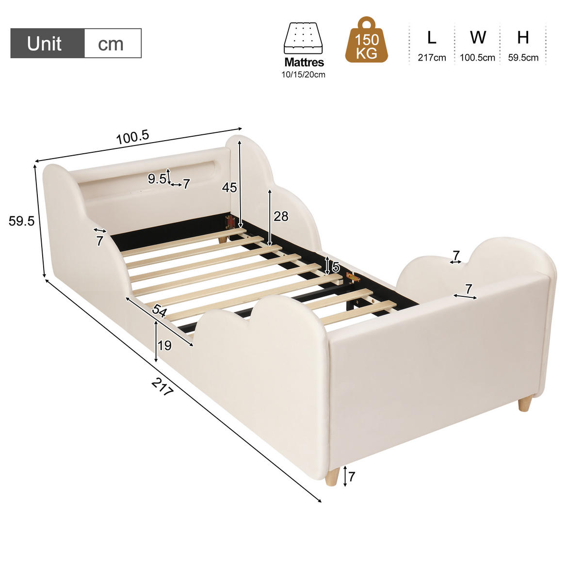 KINDERBETT Beige Samt 90x200 Schutzgeländer Massivholz - Beige, Textil (90/200cm) - FLIEKS